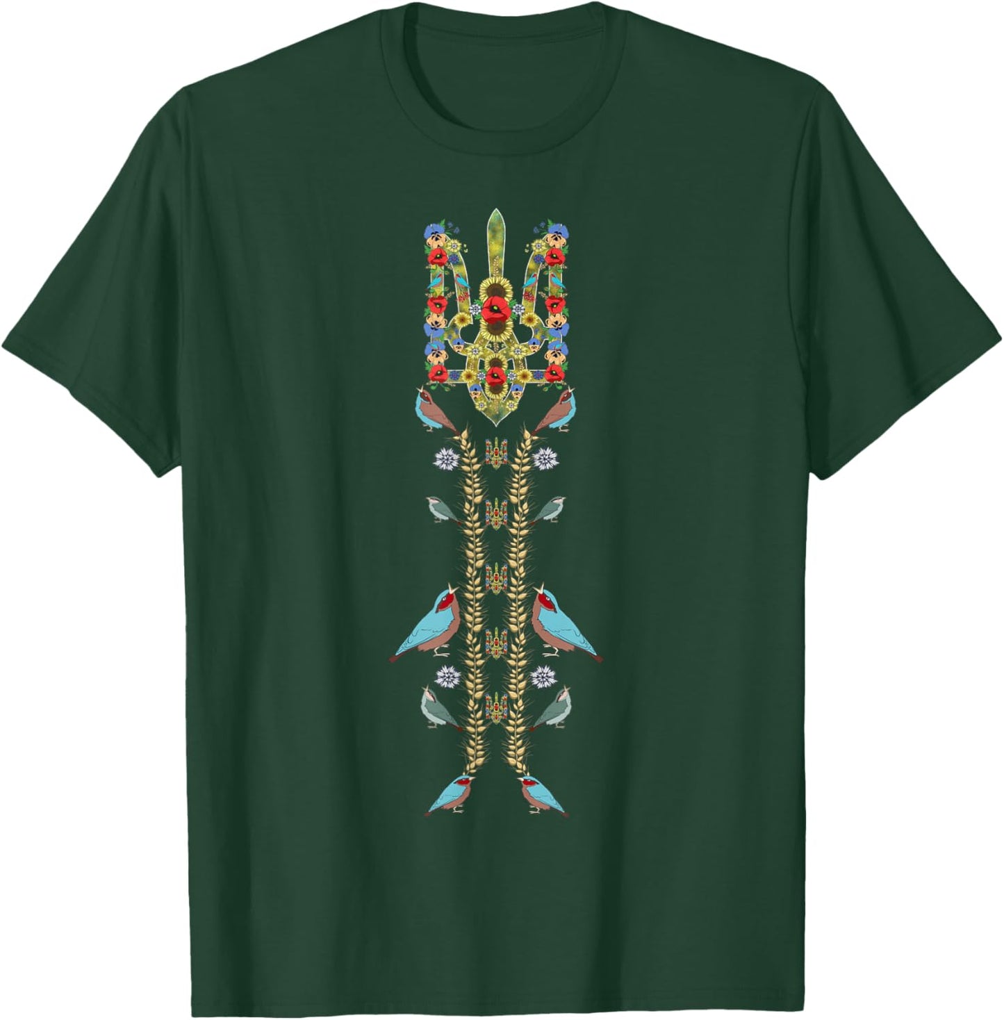 Ukraine Trysub (Dreizack) & Birds Retro Ukrainian Vyshyvanka T-Shirt - T-Shirt | Forest