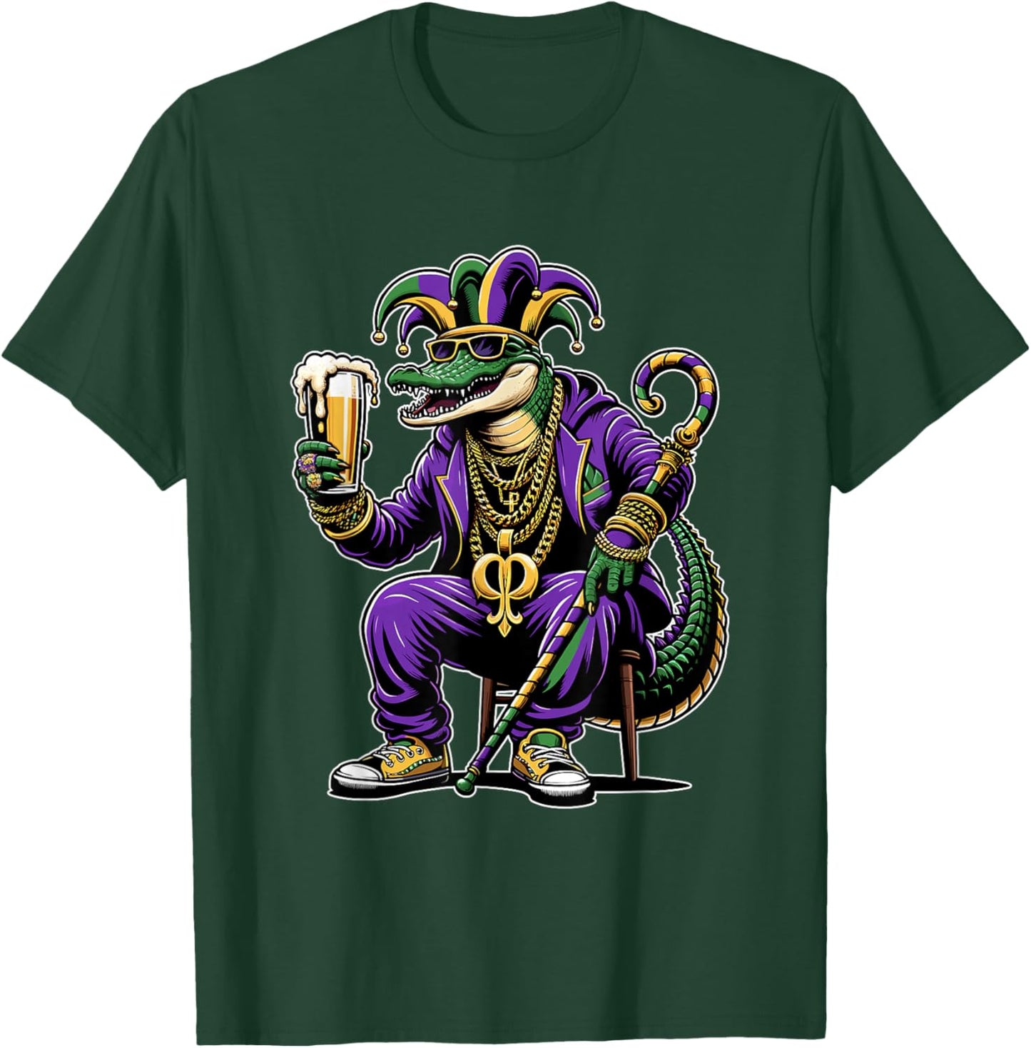Beads & Bling Gangster Mardi Gras Gator Alligator Jester T-Shirt - T-Shirt | Forest