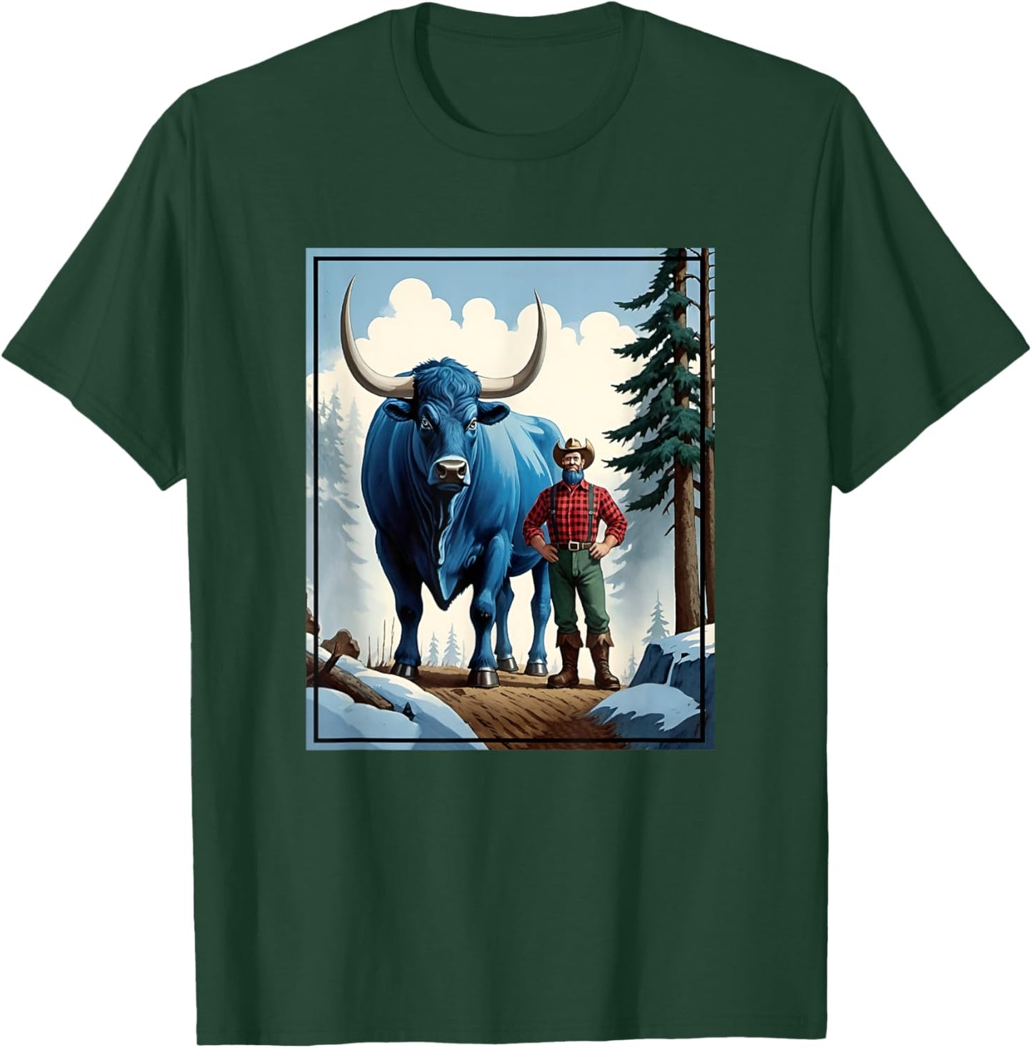 American Lumberjack Folk Hero Paul Bunyan & Babe The Giant Blue Ox in The Woods T-Shirt - T-Shirt | Forest