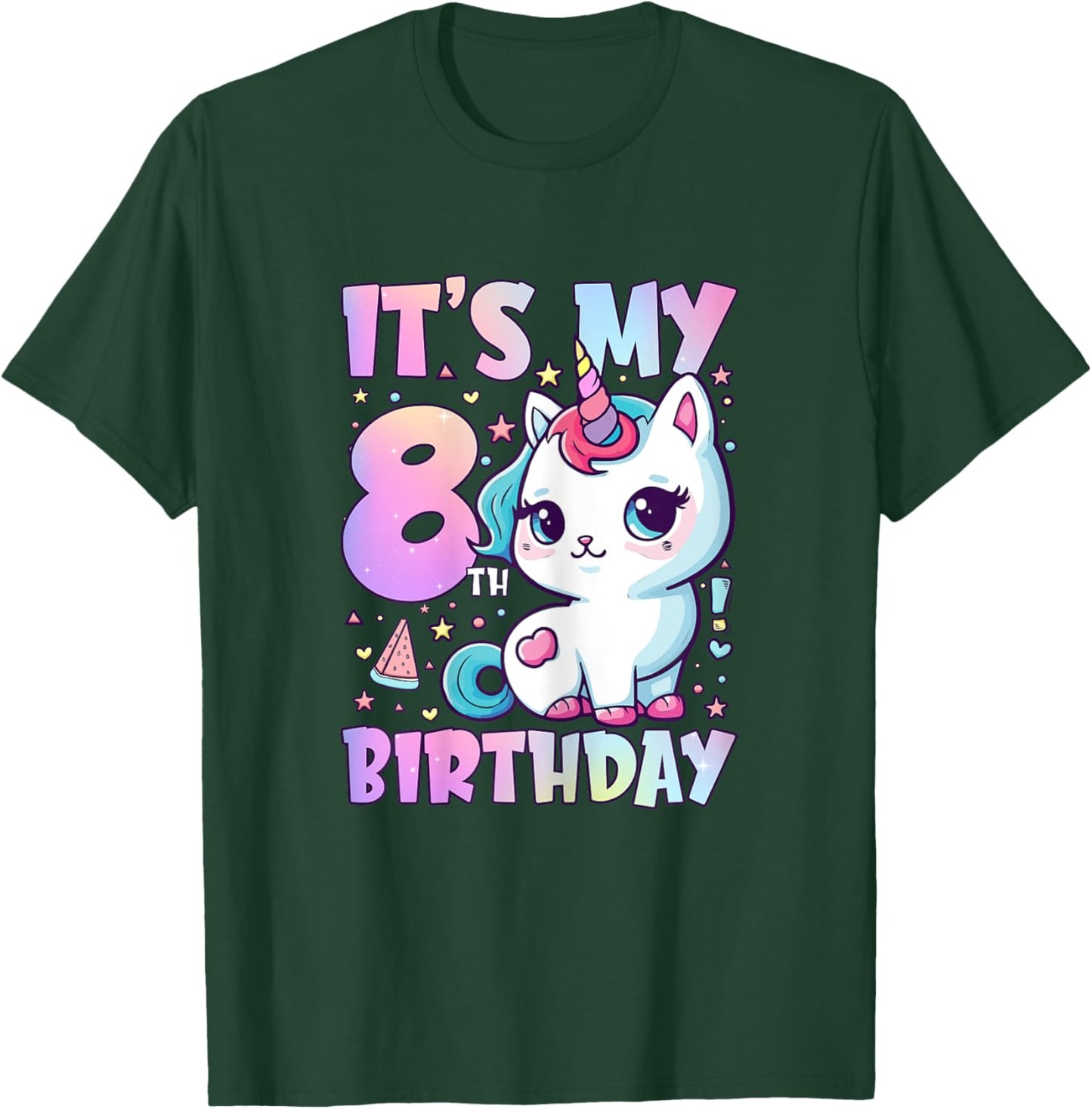 8th Birthday Shirt For Girls 8 Year Old Cat Unicorn Birthday T-Shirt - T-Shirt | Forest