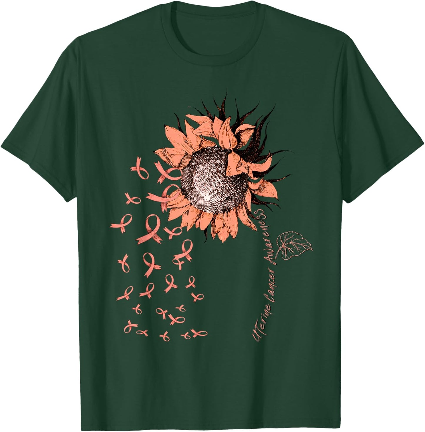 UTERINE CANCER Awareness Sunflower Peach Ribbon T-Shirt - T-Shirt | Forest