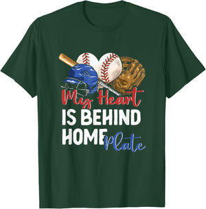 Mom Baseball Softball My Heart is Behind Home Plate Catcher T-Shirt - T-Shirt | Forest