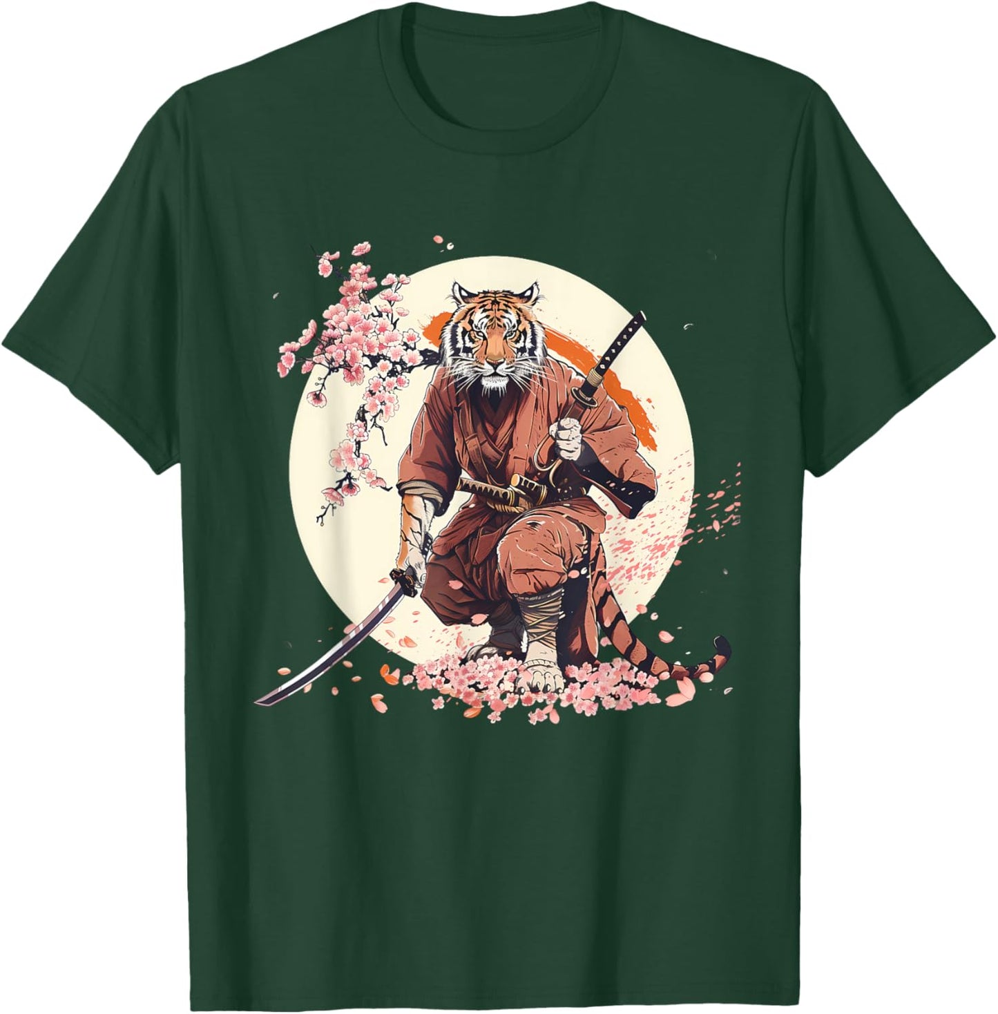 Samurai Tiger Sakura Tree Floral Anime Japanese Ninja Tiger T-Shirt - T-Shirt | Forest