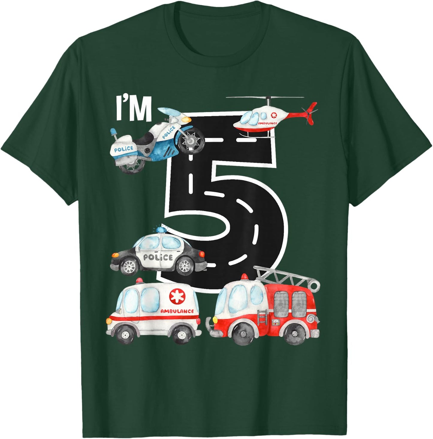 Emergency Vehicles 5th Birthday Fire Truck Police Car Boys T-Shirt - T-Shirt | Forest