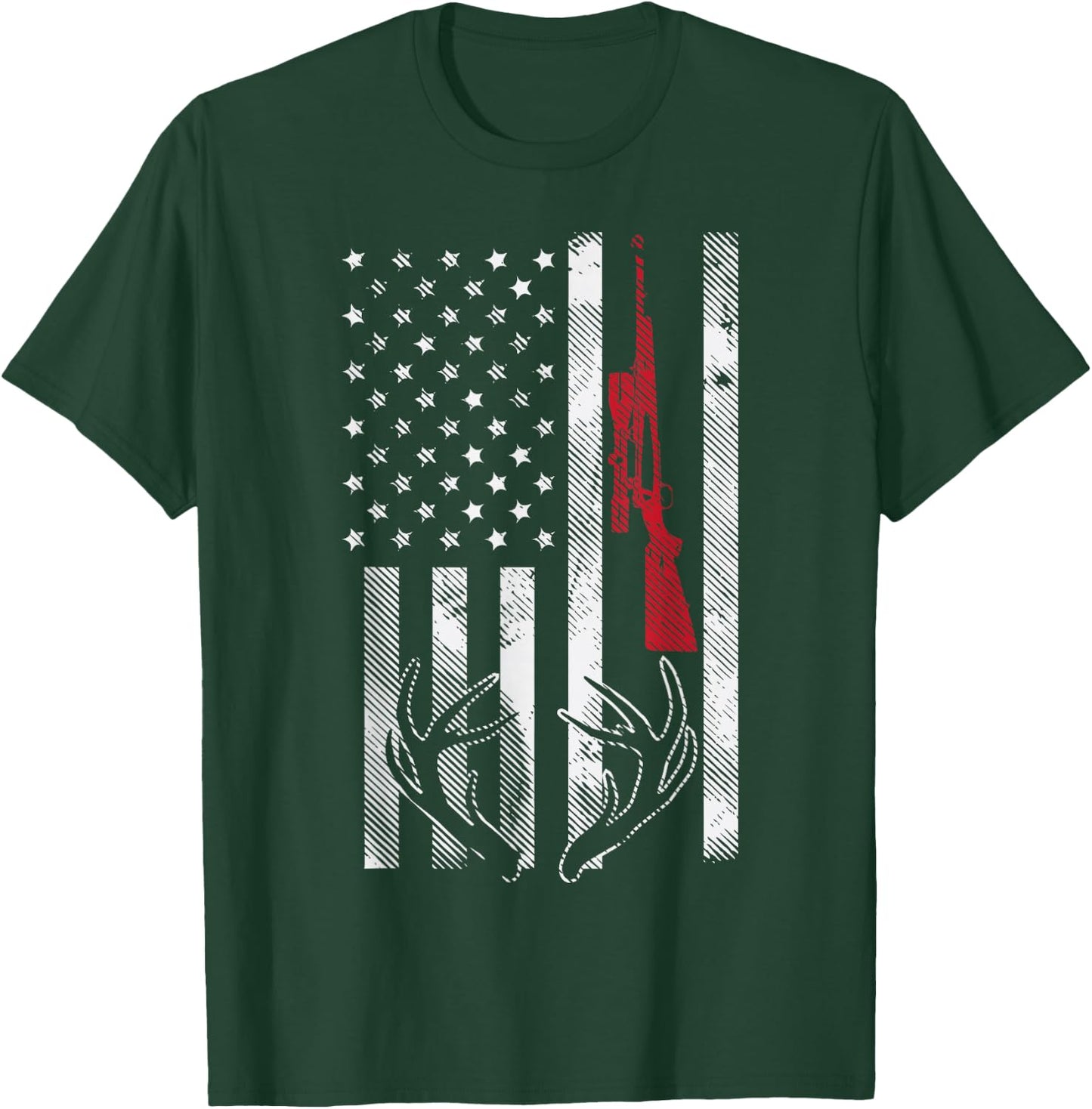 American Flag Rifle Antler Vintage Deer Hunting Hunter Gift T-Shirt - T-Shirt | Forest