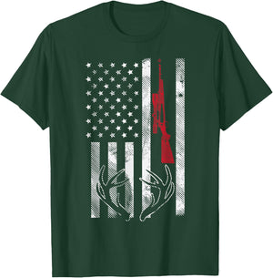 American Flag Rifle Antler Vintage Deer Hunting Hunter Gift T-Shirt - T-Shirt | Forest