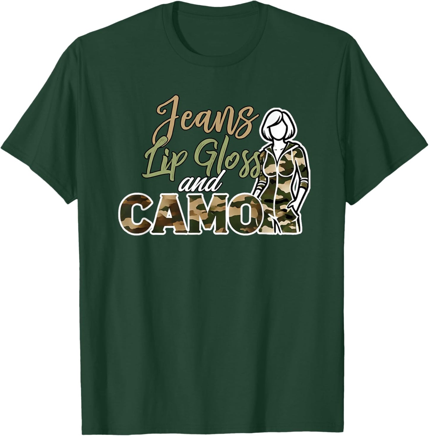 Jeans Lip Gloss and Camo Camouflage Graphic Jumpsuit T-Shirt - T-Shirt | Forest