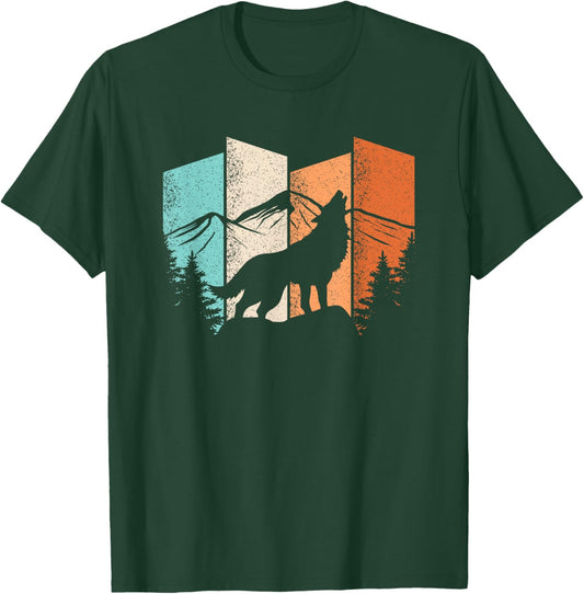 Retro Wolf Landscape Mountain Trees Wolf Lover Men Women T-Shirt - T-Shirt | Forest