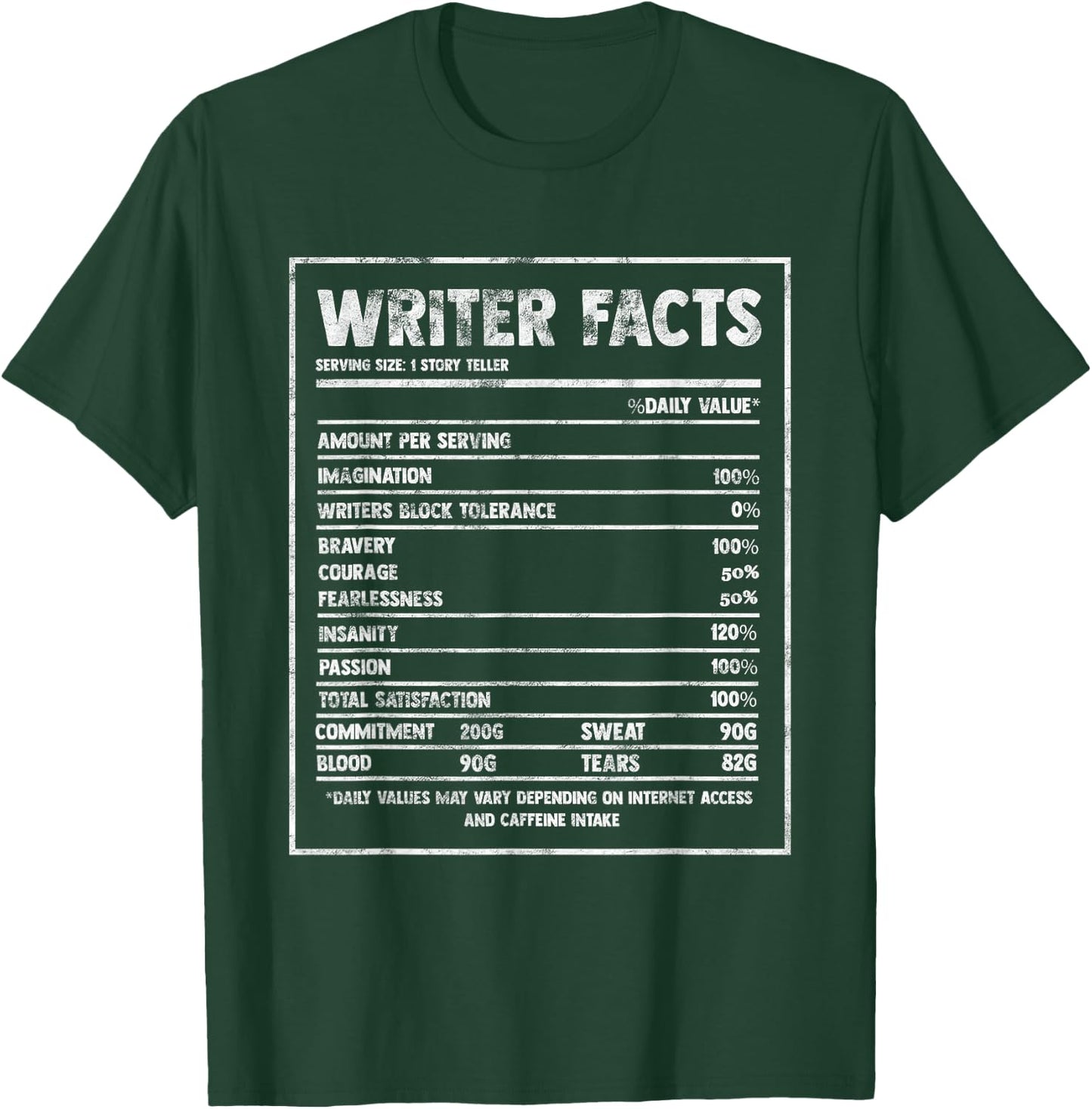 Writer Nutrition Facts Famous Novel Author Graphic Fun Gift T-Shirt - T-Shirt | Forest