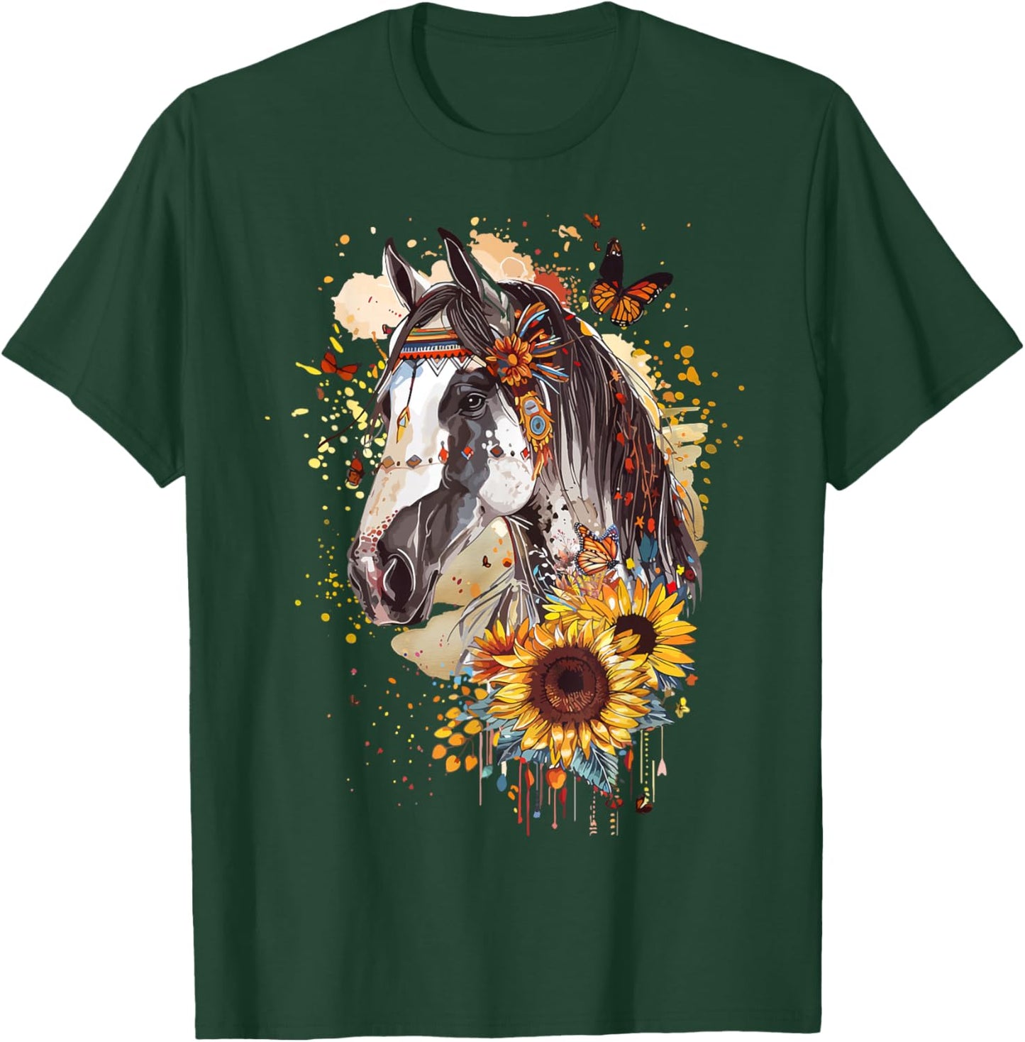 American Paint Horse Lover CowGirl Sunflower Horse Portrait T-Shirt - T-Shirt | Forest