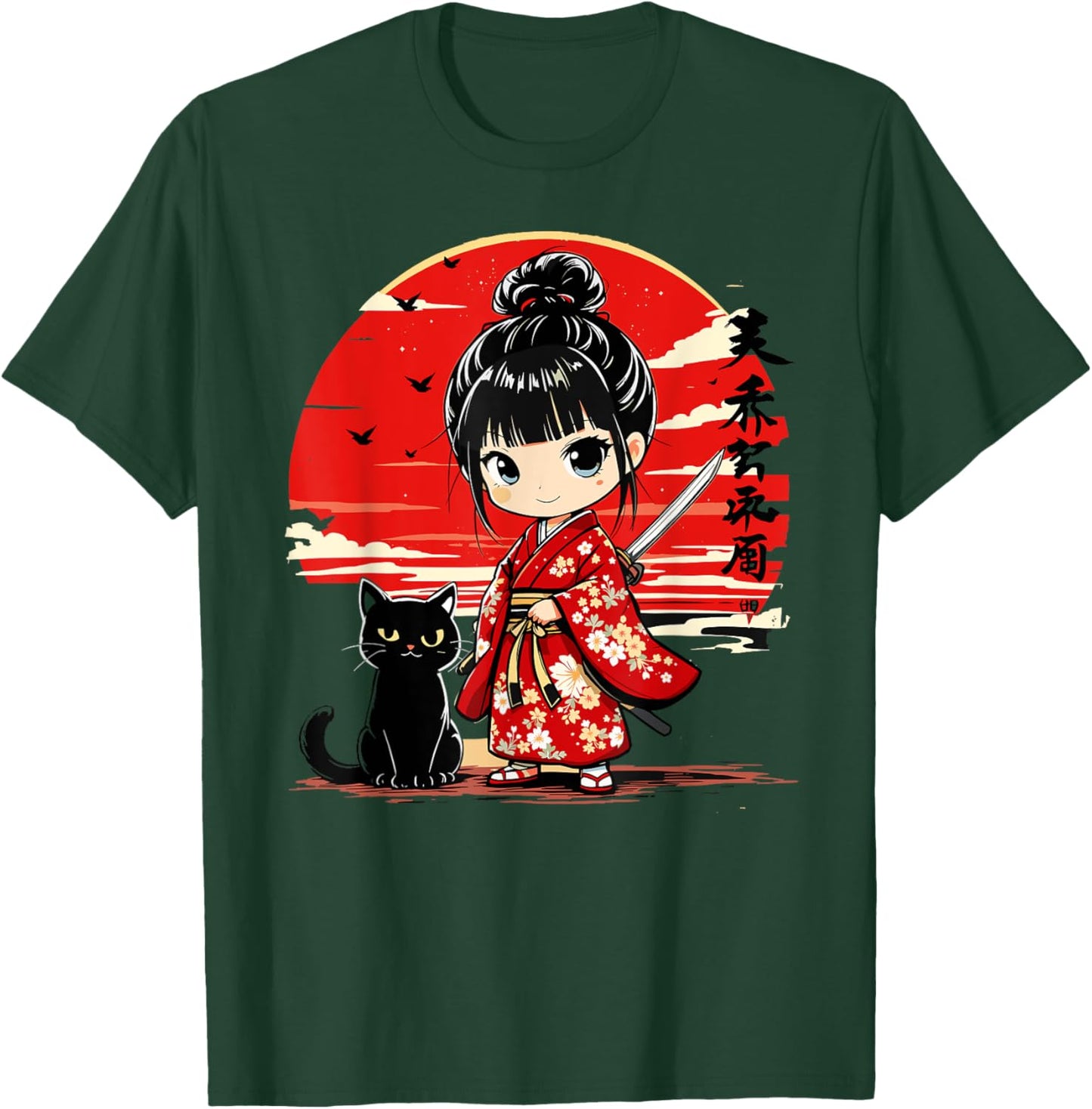 Cute Kawaii Samurai Girl and Cat Japanese Anime Kids Girls T-Shirt - T-Shirt | Forest