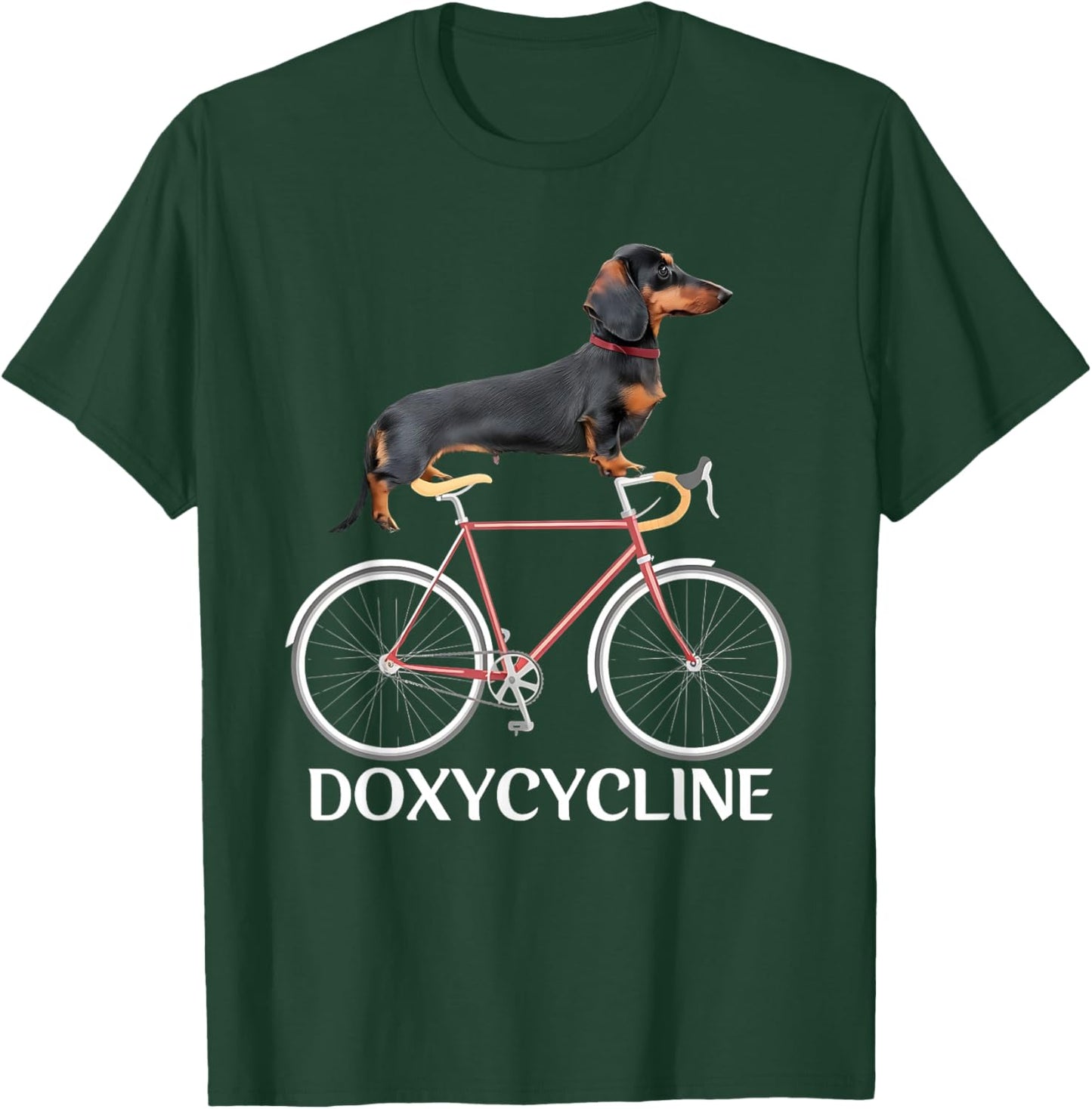 Dachshund on Bicycle Doxycycline Pharmacy Pun Dog Pharmacist T-Shirt - T-Shirt | Forest