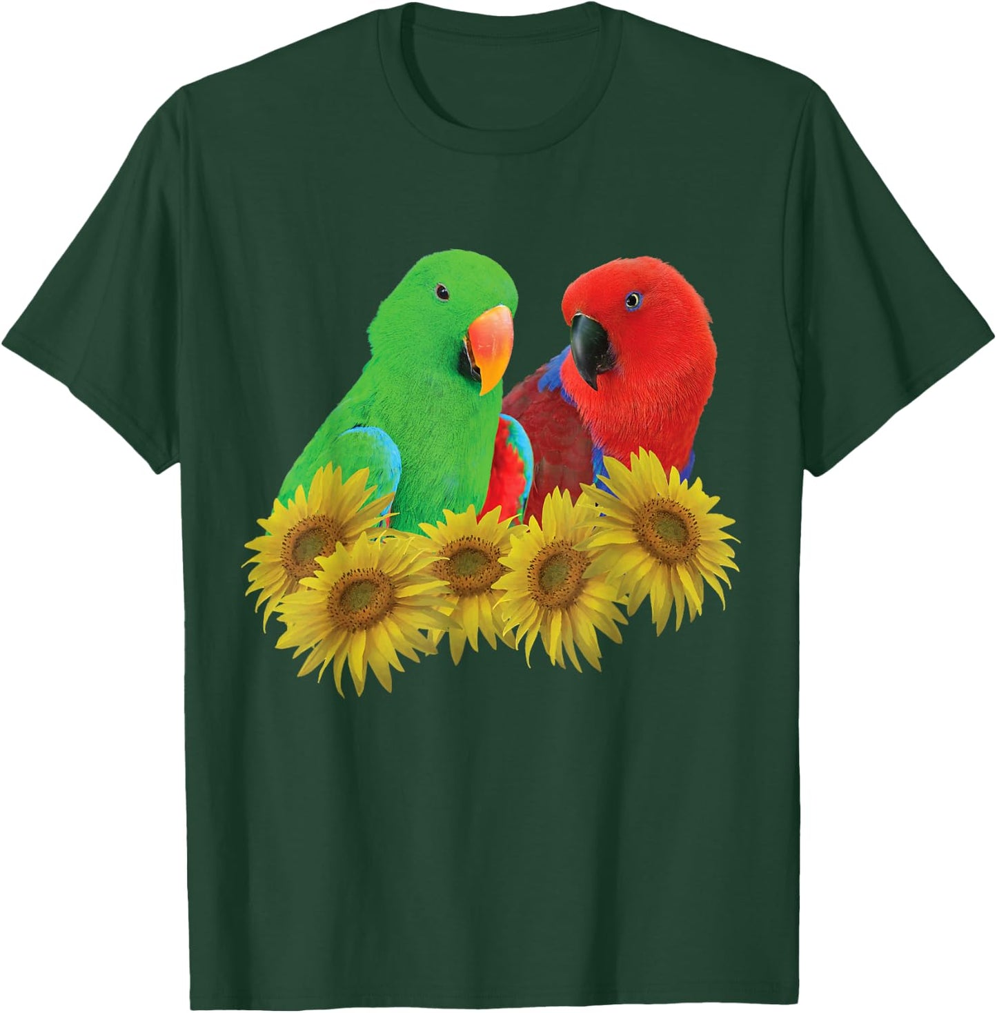 Pair of Eclectus Parrots, Male, and Female, Sunflower T-Shirt - T-Shirt | Forest
