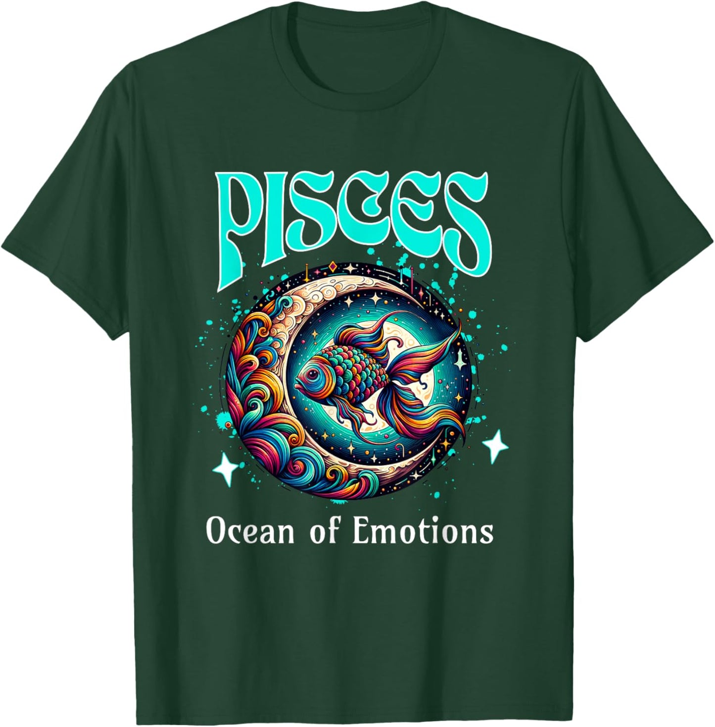 Pisces Ocean of Emotions Moon and Fish Cosmic Zodiac Design T-Shirt - T-Shirt | Forest
