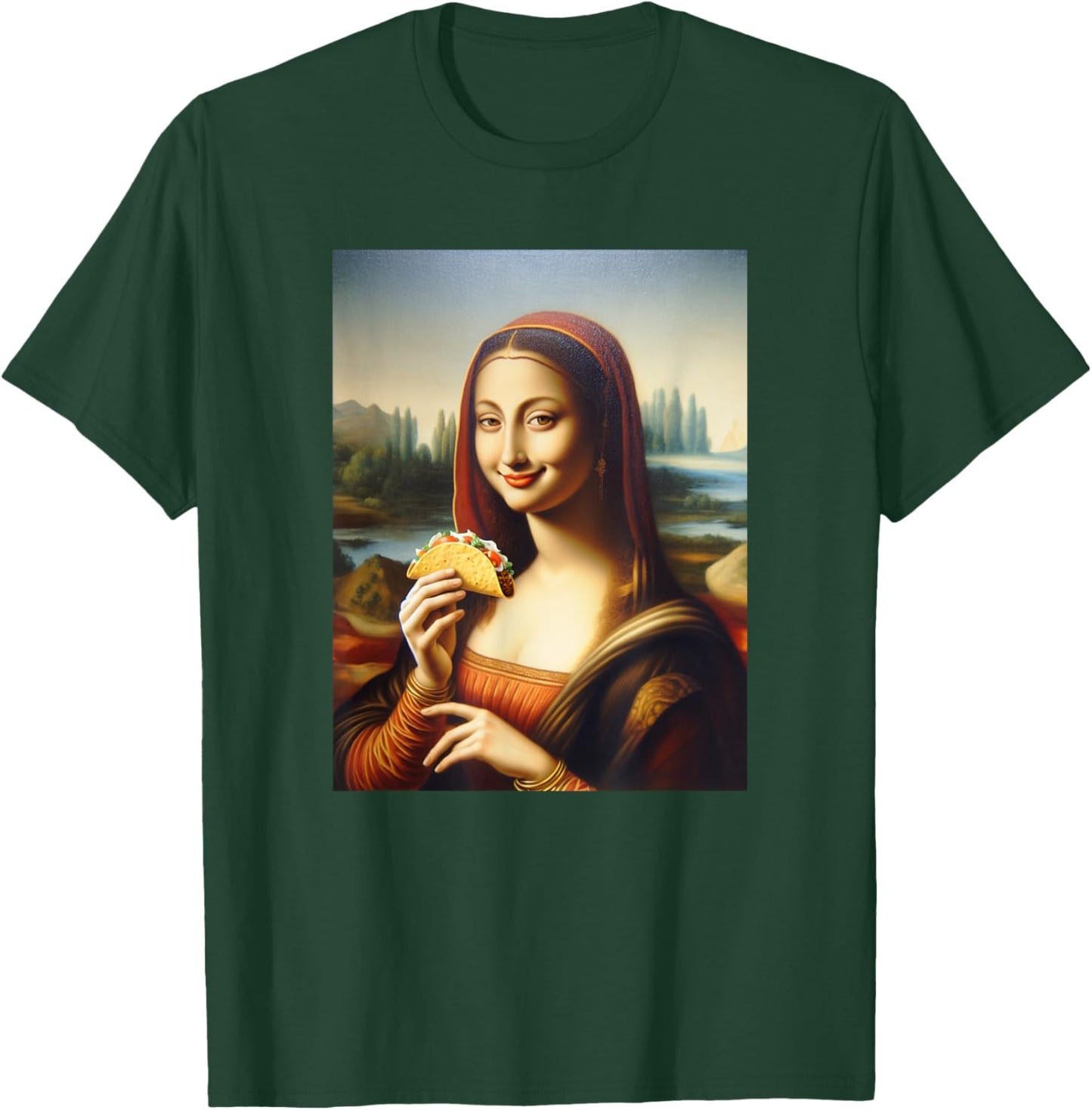Happy Mona Lisa Holding A Taco Funny T-Shirt - T-Shirt | Forest