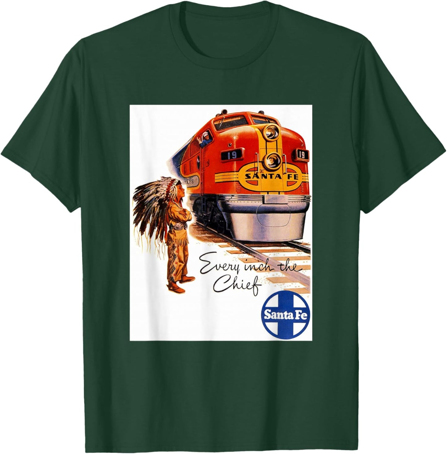 Retro Vintage Movie Posters Prints Ads Santa Fe Railway Native American Train Rails Travel - Men's X-Small Black Short Sleeve Classic Fit Pull On T-Shirt - T-Shirt | Forest