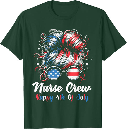4th Of July Nurse Messy Bun Patriotic American Nurse Crew T-Shirt - T-Shirt | Forest