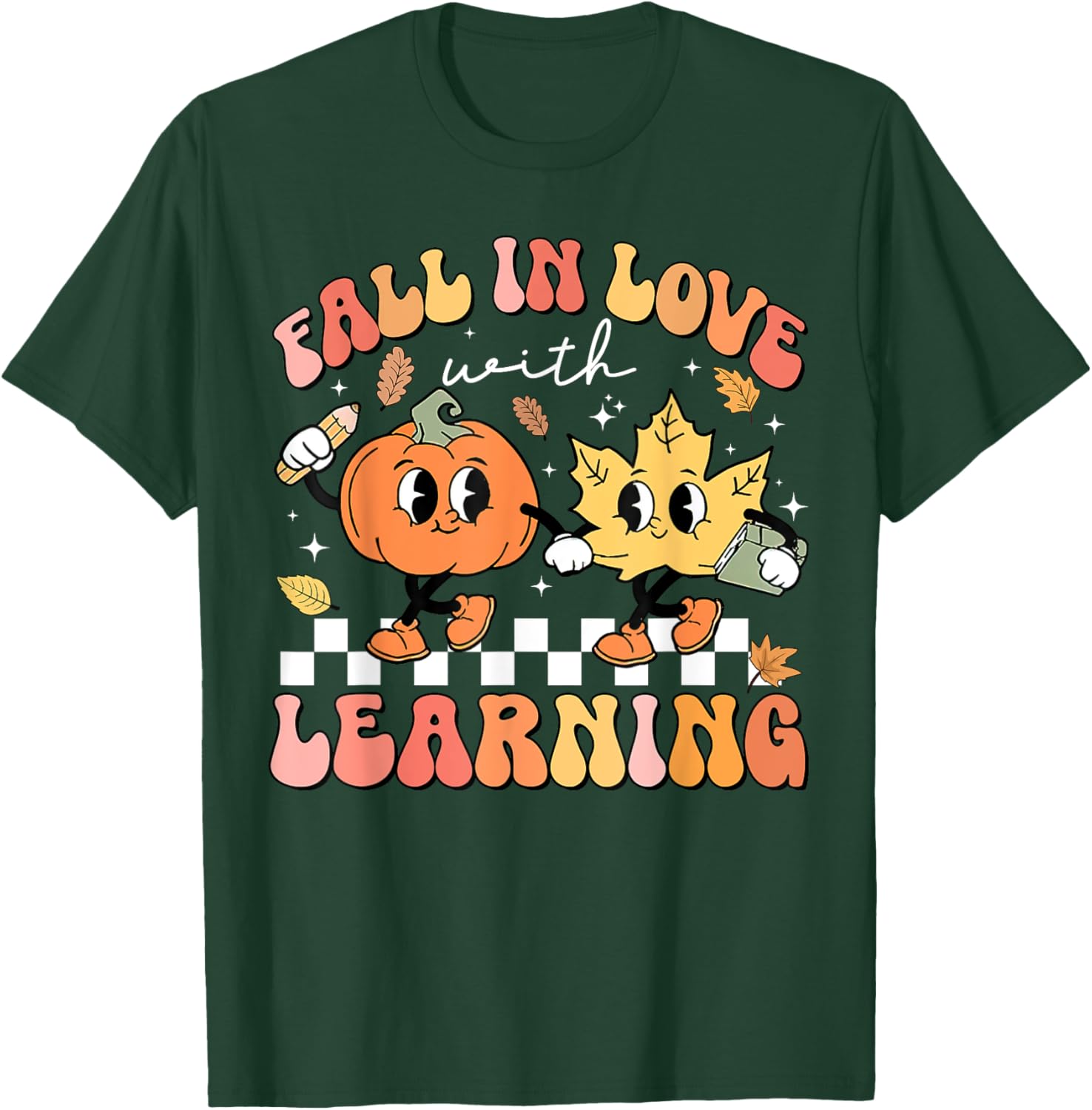 Retro Fall In Love With Learning Autumn Pumpkin Teacher T-Shirt - T-Shirt | Forest