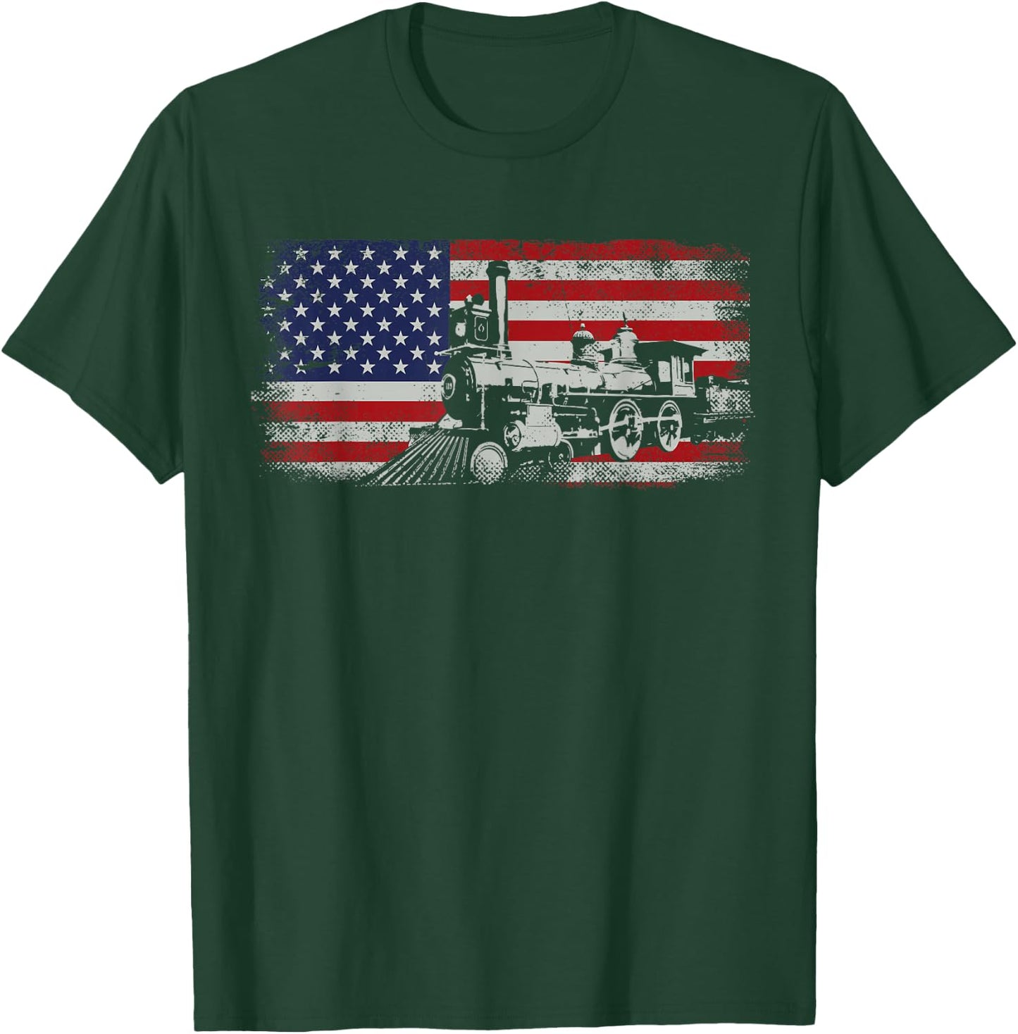 Steam Train Driver Trainspotting Locomotive American Flag T-Shirt - T-Shirt | Forest