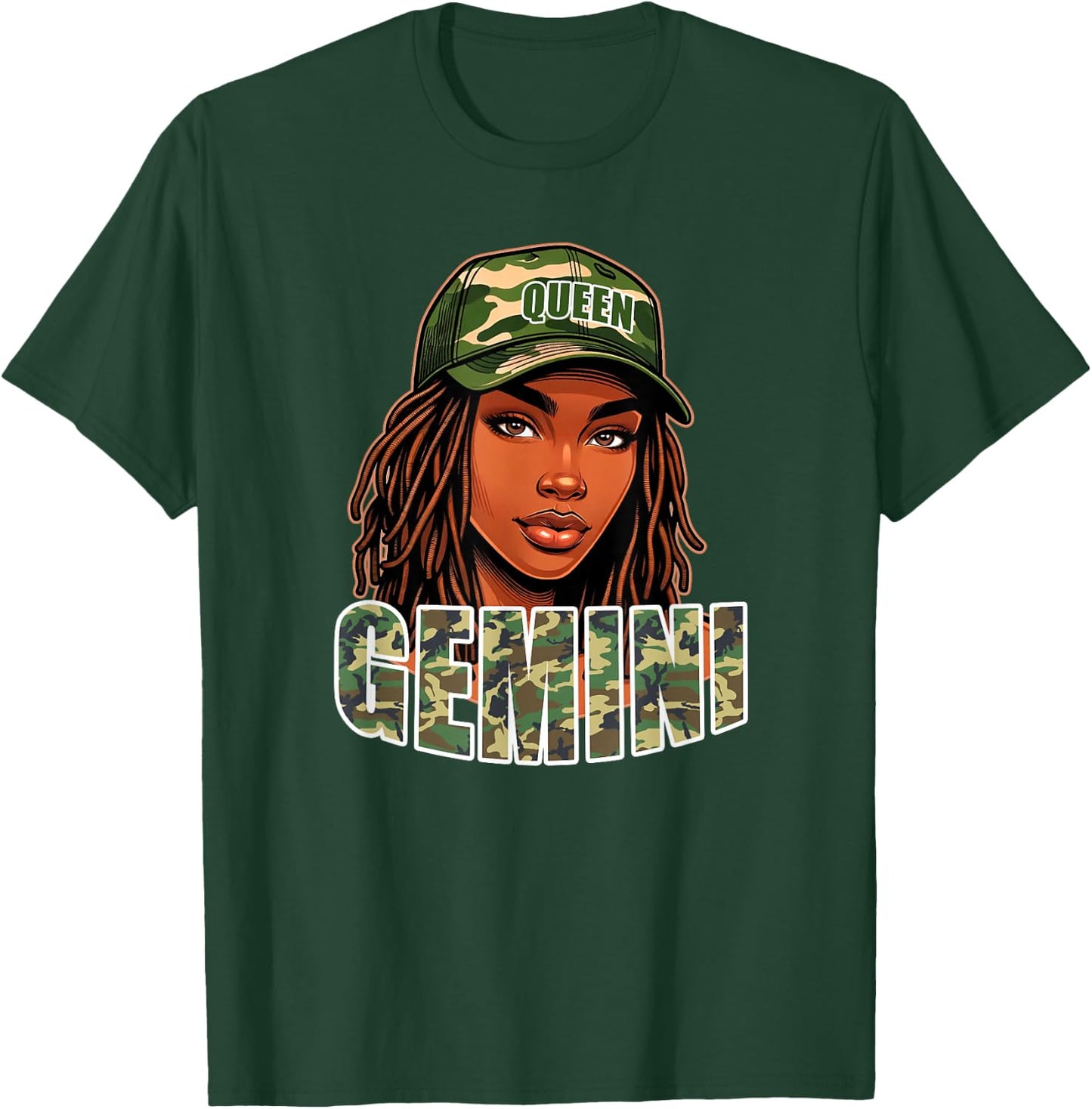 Gemini Queen Camo Hat Locs Birthday Black Woman T-Shirt - T-Shirt | Forest