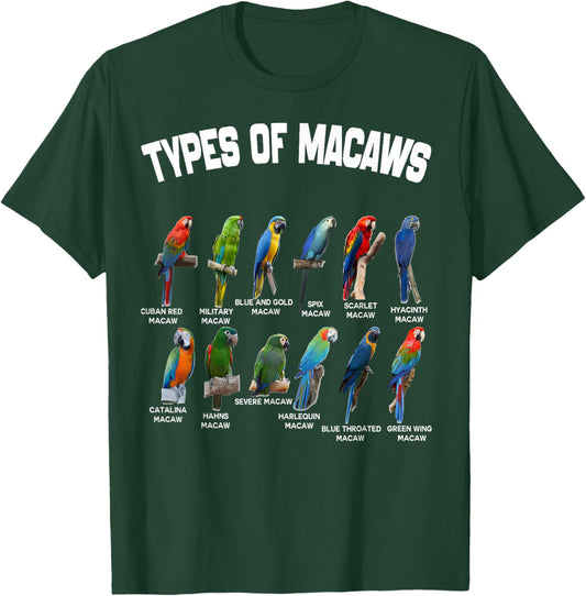 Types of Macaws Funny Breeds Macaw Vintage Parrot Family T-Shirt - T-Shirt | Forest