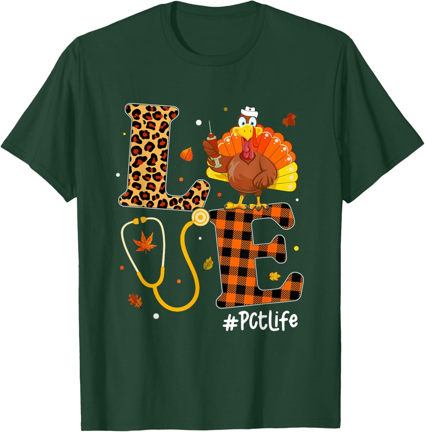 Love Nurse Life Fall PCT Nurse Leopard Plaid Thanksgiving T-Shirt - T-Shirt | Forest