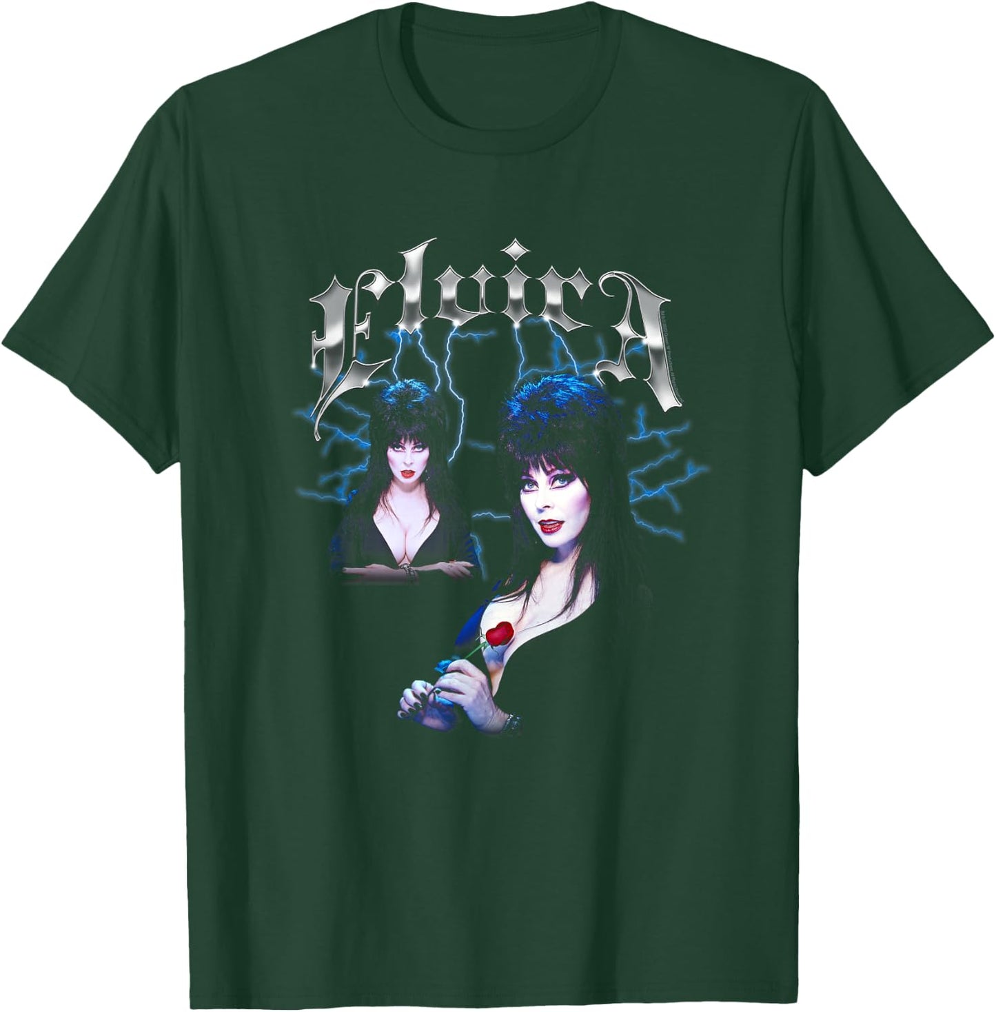 Elvira, Mistress of The Dark Chrome Name and Poses Pin-Up T-Shirt - T-Shirt | Forest