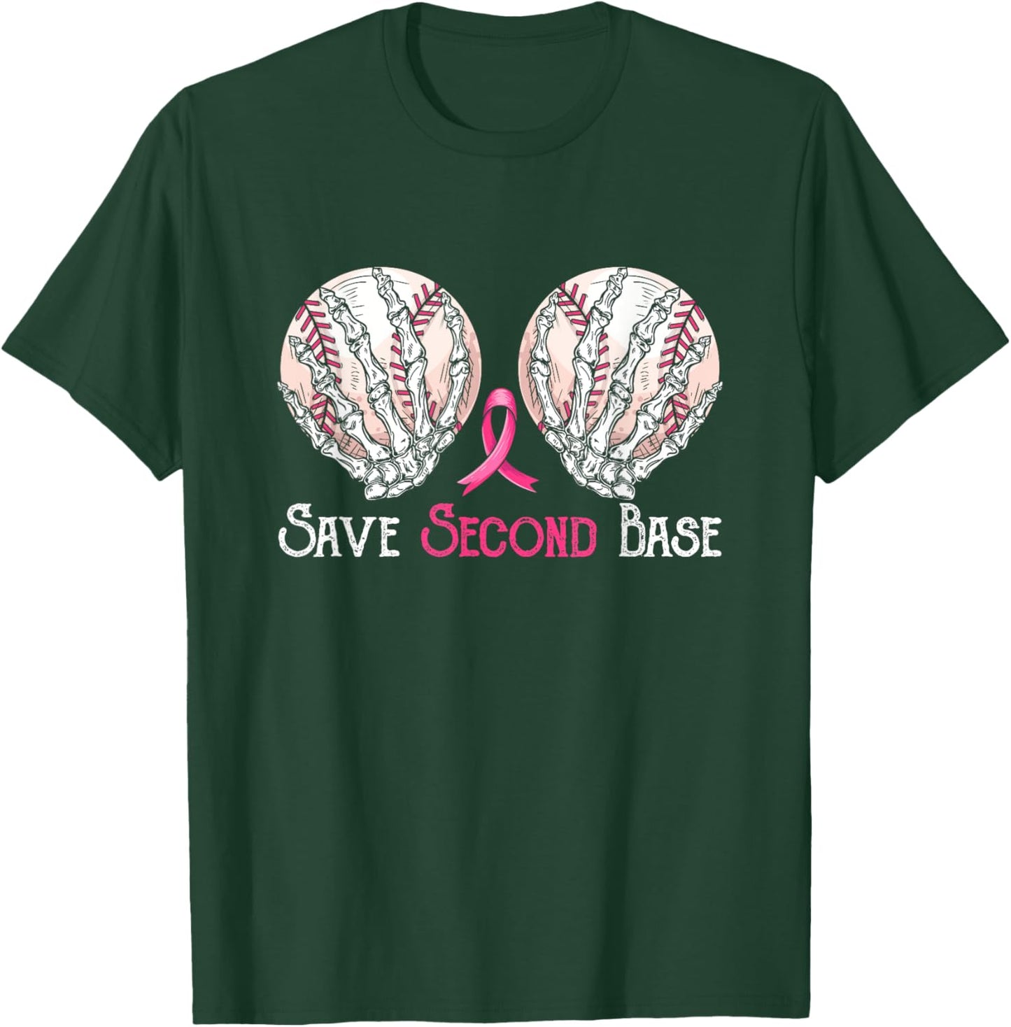 Save 2nd Second-Base Baseball Player Breast Cancer Awareness T-Shirt - T-Shirt | Forest