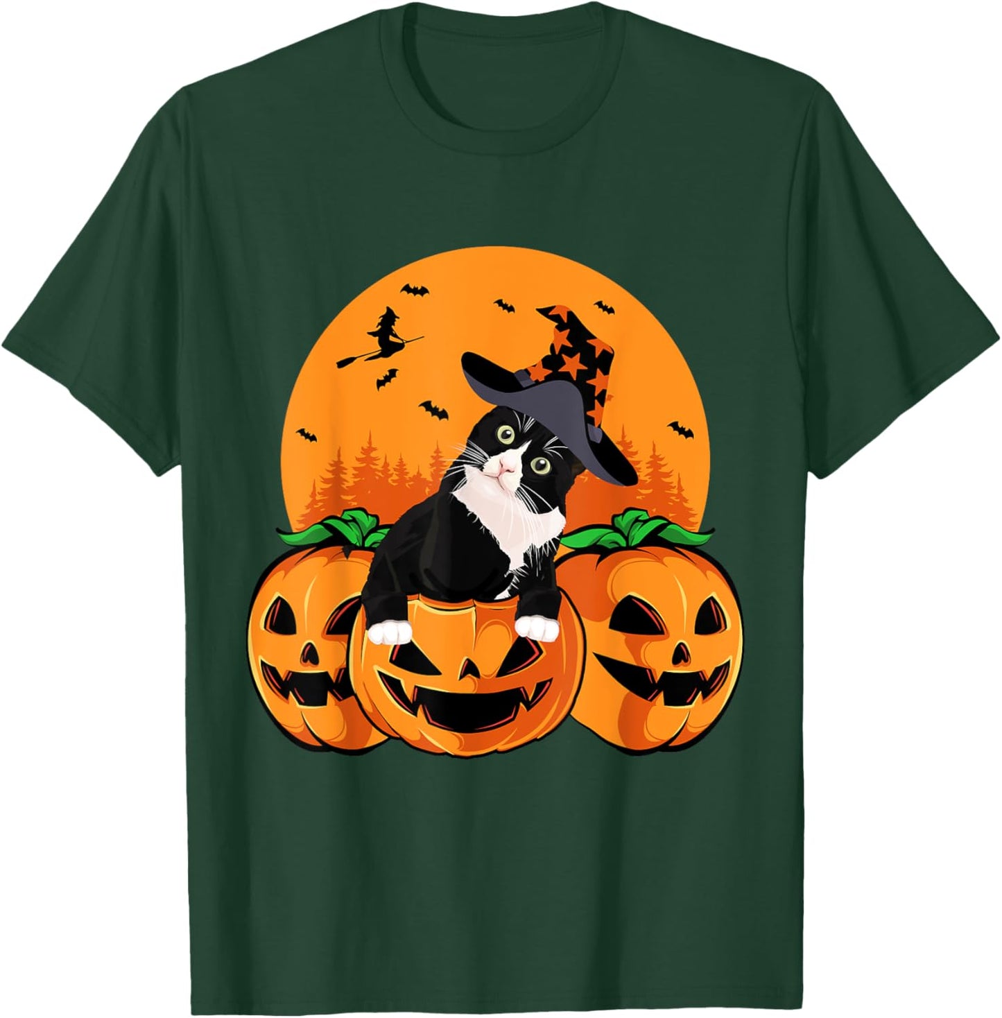 Tuxedo Cat Witch Hat Halloween Scary Jack O Lantern Pumpkins T-Shirt - T-Shirt | Forest