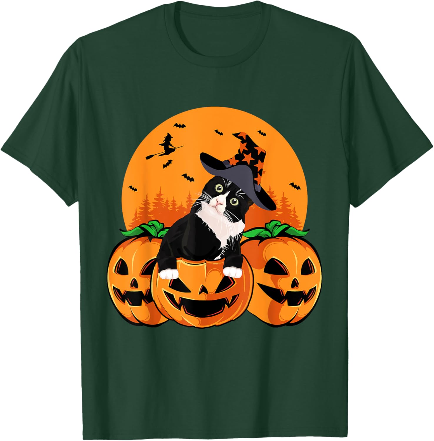 Tuxedo Cat Witch Hat Halloween Scary Jack O Lantern Pumpkins T-Shirt - T-Shirt | Forest