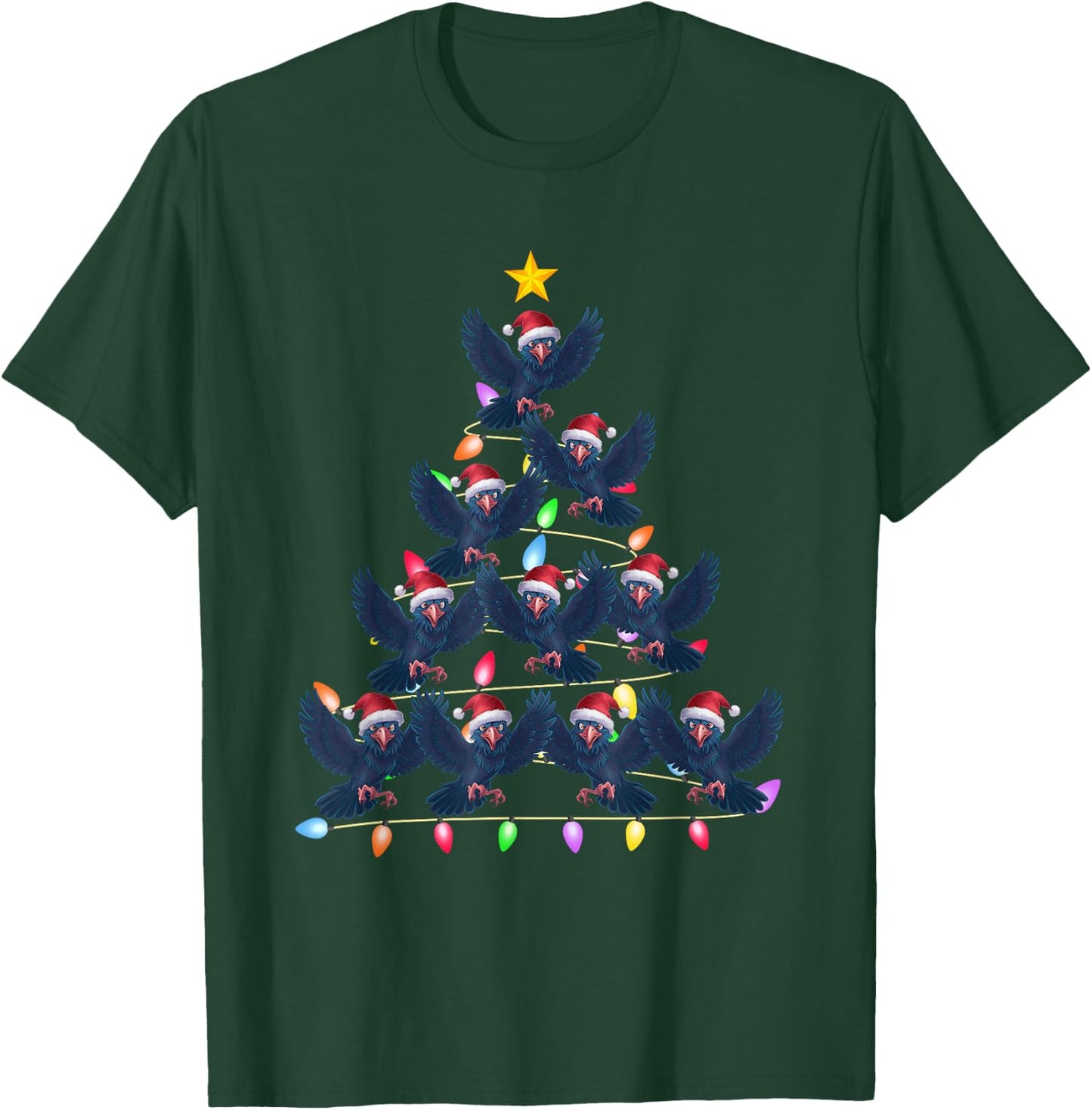 Christmas Tree Lights Men Women Santa Raven Xmas PJs T-Shirt - T-Shirt | Forest