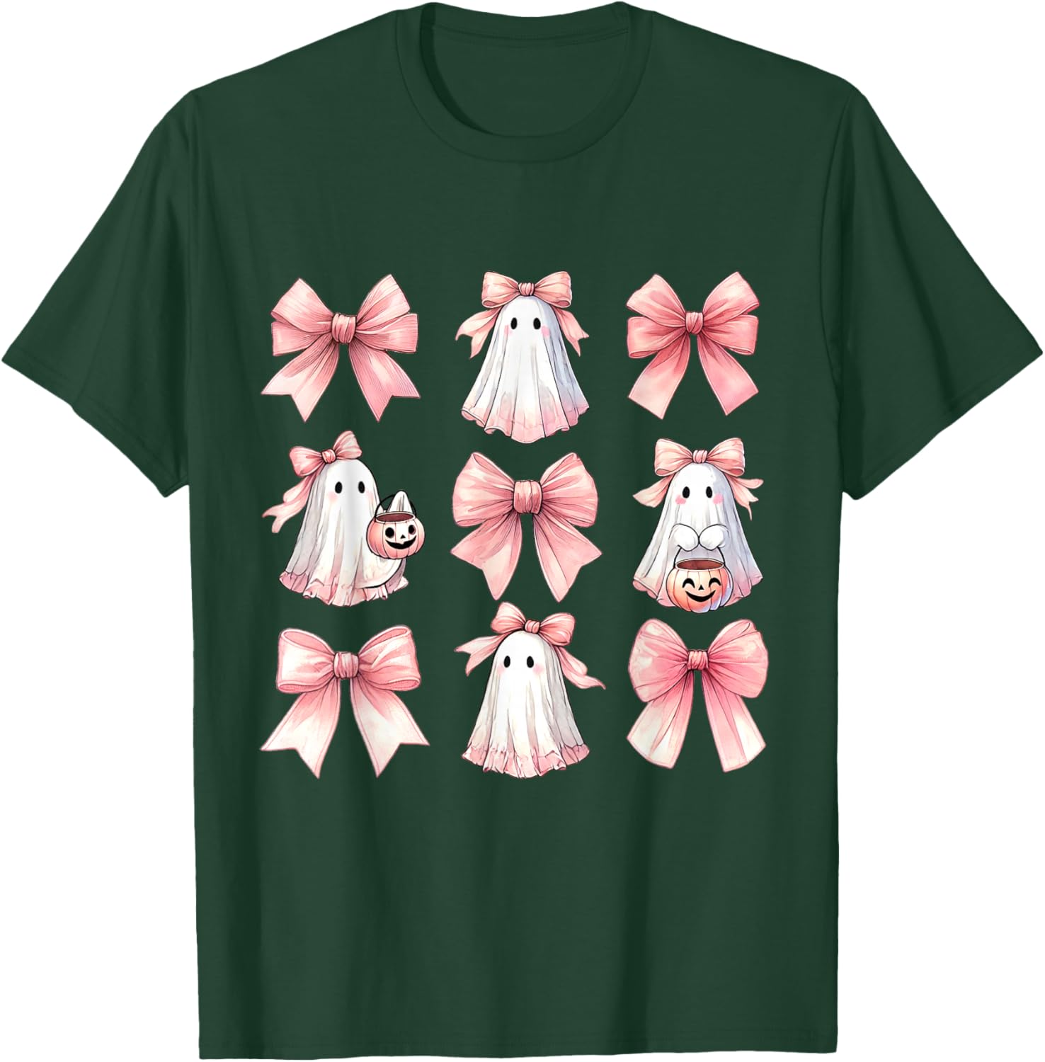 Cute Ghost Florals Pink Coquette Bows Pumpkins Halloween T-Shirt - T-Shirt | Forest