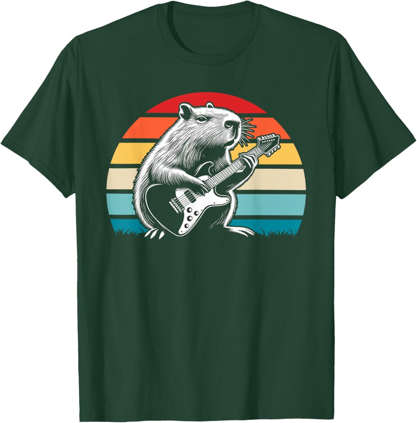Capybara Playing Electric Guitar Retro T-Shirt - T-Shirt | Forest