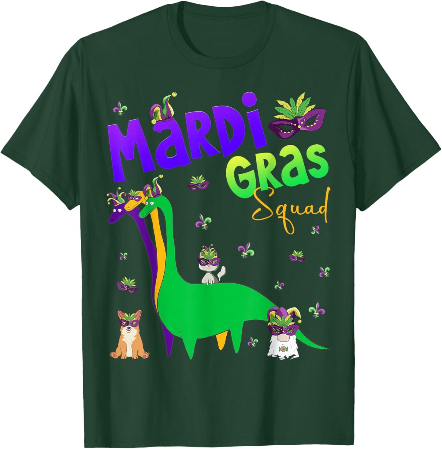 Mardi Gras Squad Funny Dinosaur Cat Gnome Corgi Mardi Gras T-Shirt - T-Shirt | Forest