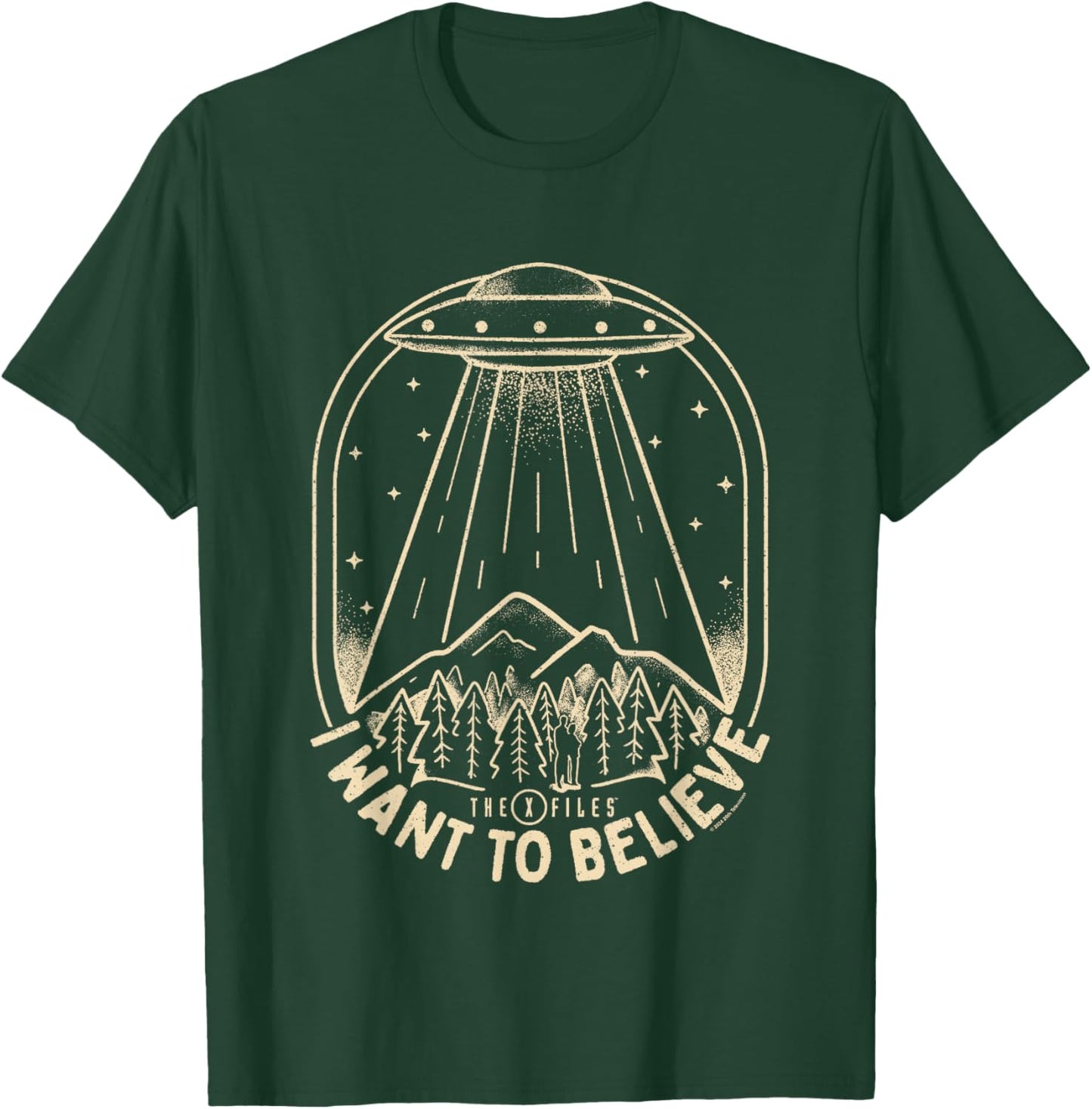 X-Files Iconic UFO I Want To Believe Distressed Silhouette T-Shirt - T-Shirt | Forest