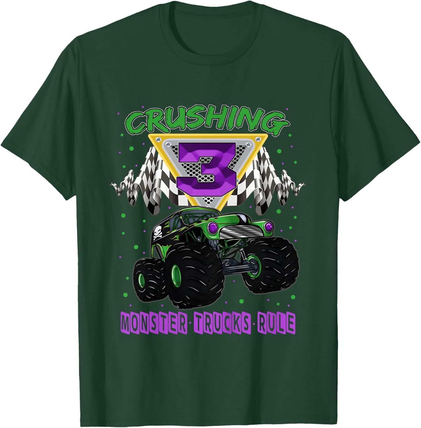Monster Truck Crushing 3 Years Old Three 3rd Birthday T-Shirt - T-Shirt | Forest