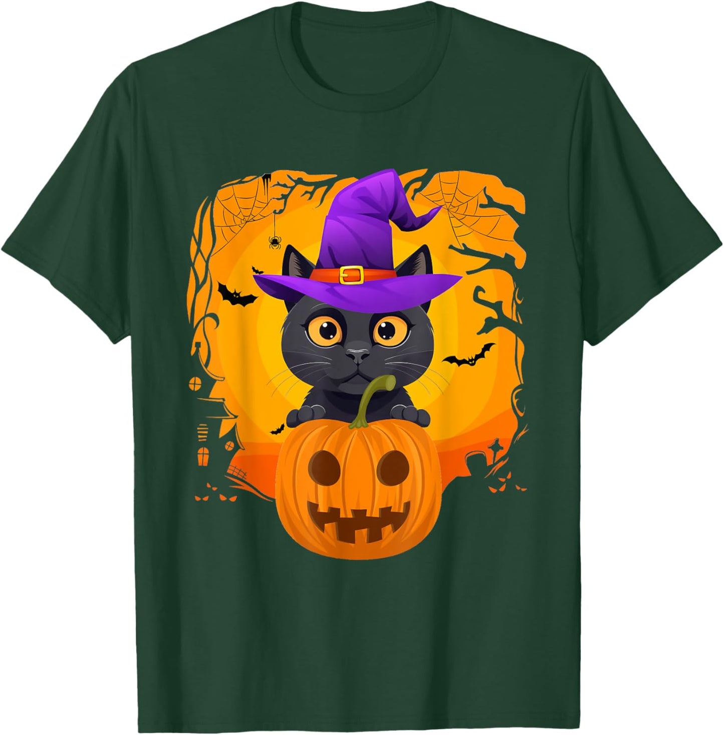 Cute Black Cat Halloween Pumpkin Costume witch Hat Kids T-Shirt - T-Shirt | Forest