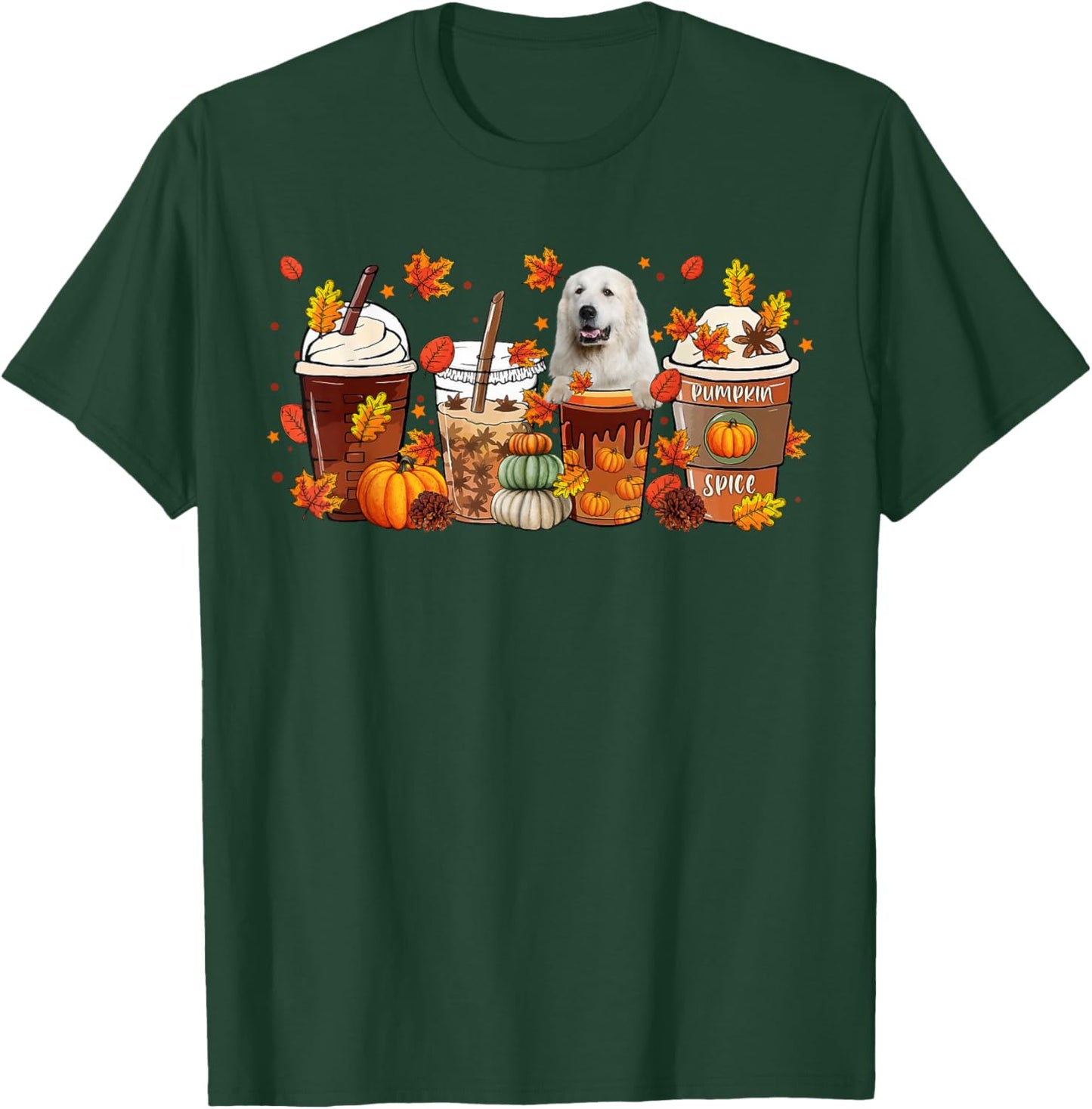 Cups Of Iced Latte & Great Pyrenees Fall Leaves Thanksgiving T-Shirt - T-Shirt | Forest