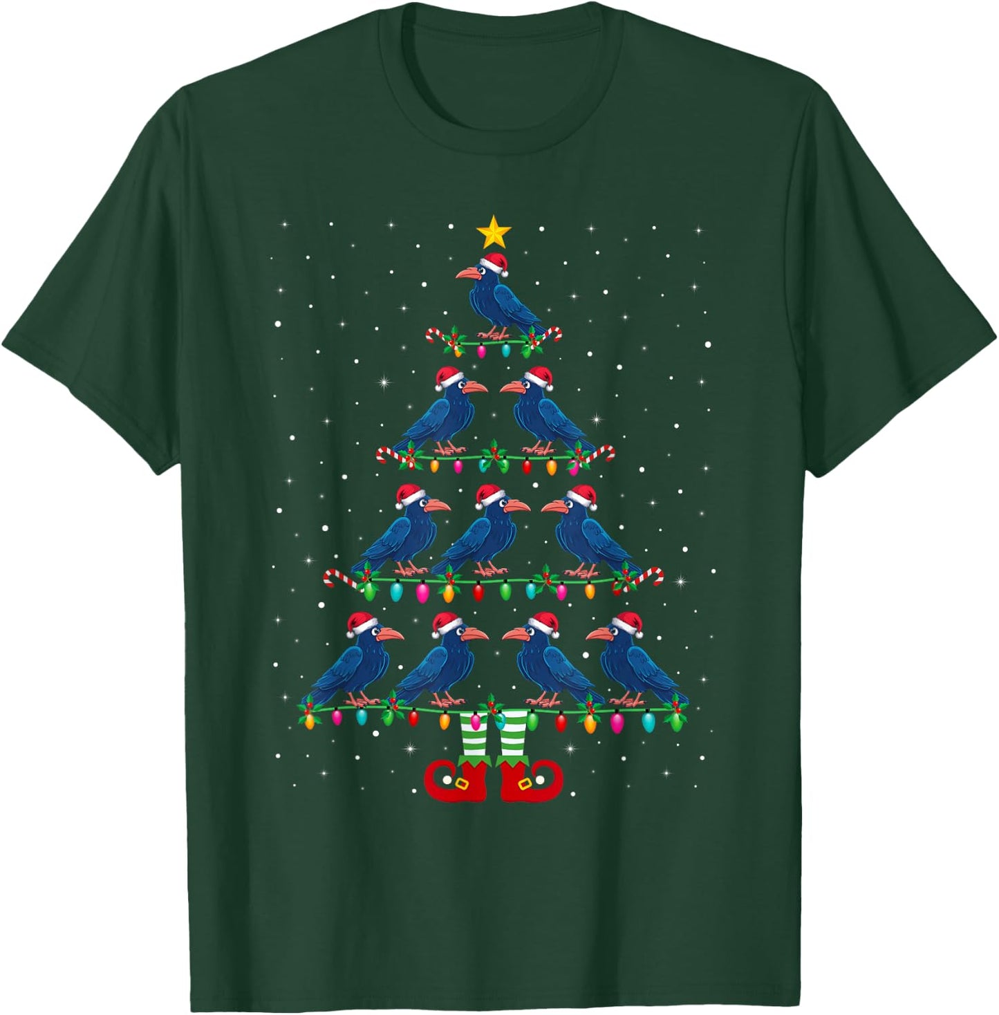 Christmas Tree Lights Santa Hat ELF Crow Xmas Tree T-Shirt - T-Shirt | Forest