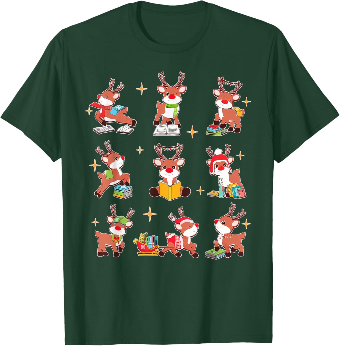 Funny Cute Reindeer Reading Teacher Christmas Book Lover T-Shirt - T-Shirt | Forest