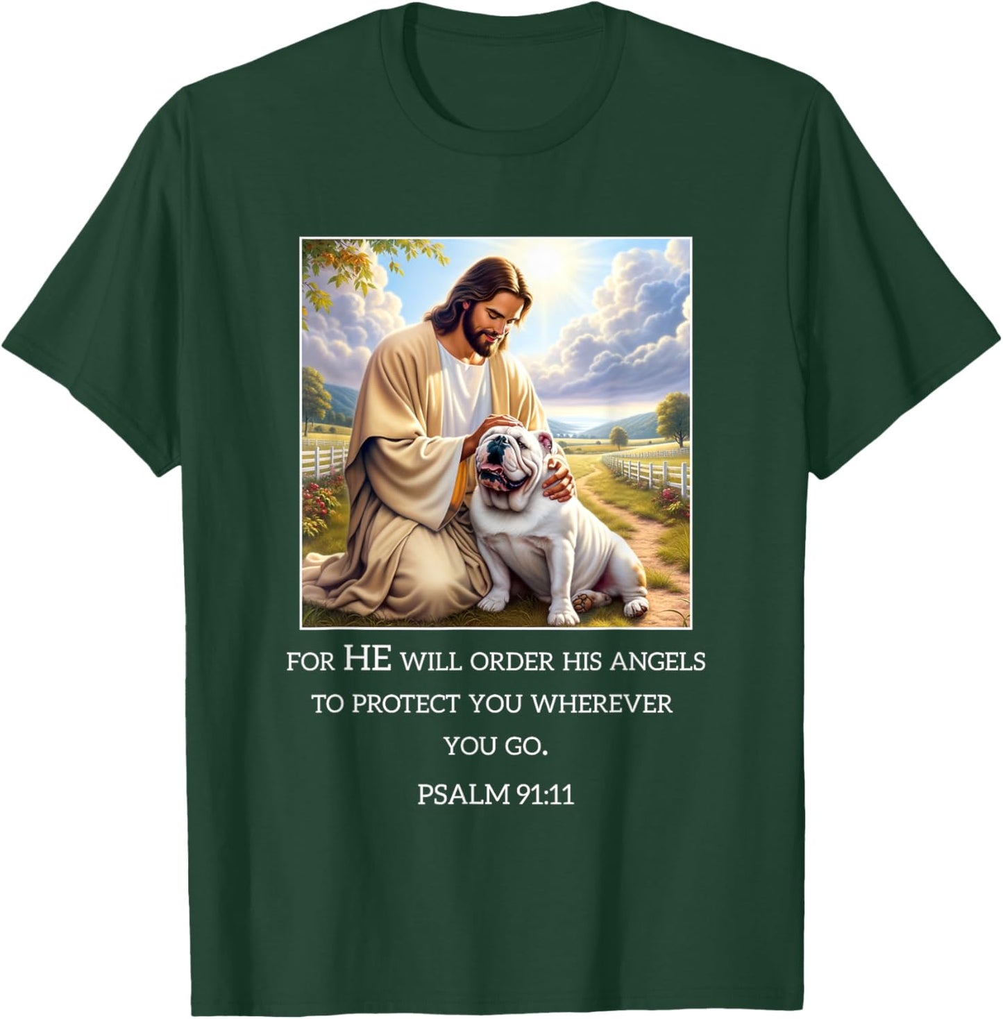 Jesus with Dogs Psalm 99 11- Jesus and a Bulldog T-Shirt - T-Shirt | Forest