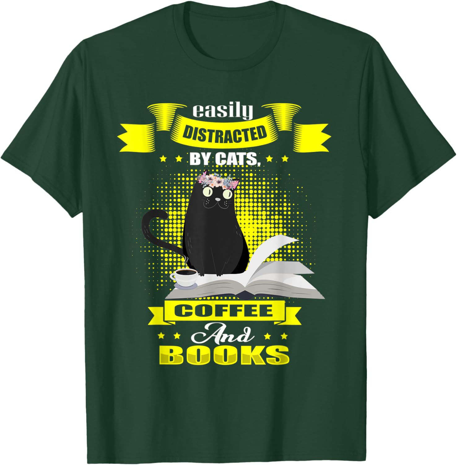 Easily Distracted by Cats Coffee Books Vintage Kitten T-Shirt - T-Shirt | Forest