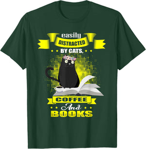 Easily Distracted by Cats Coffee Books Vintage Kitten T-Shirt - T-Shirt | Forest