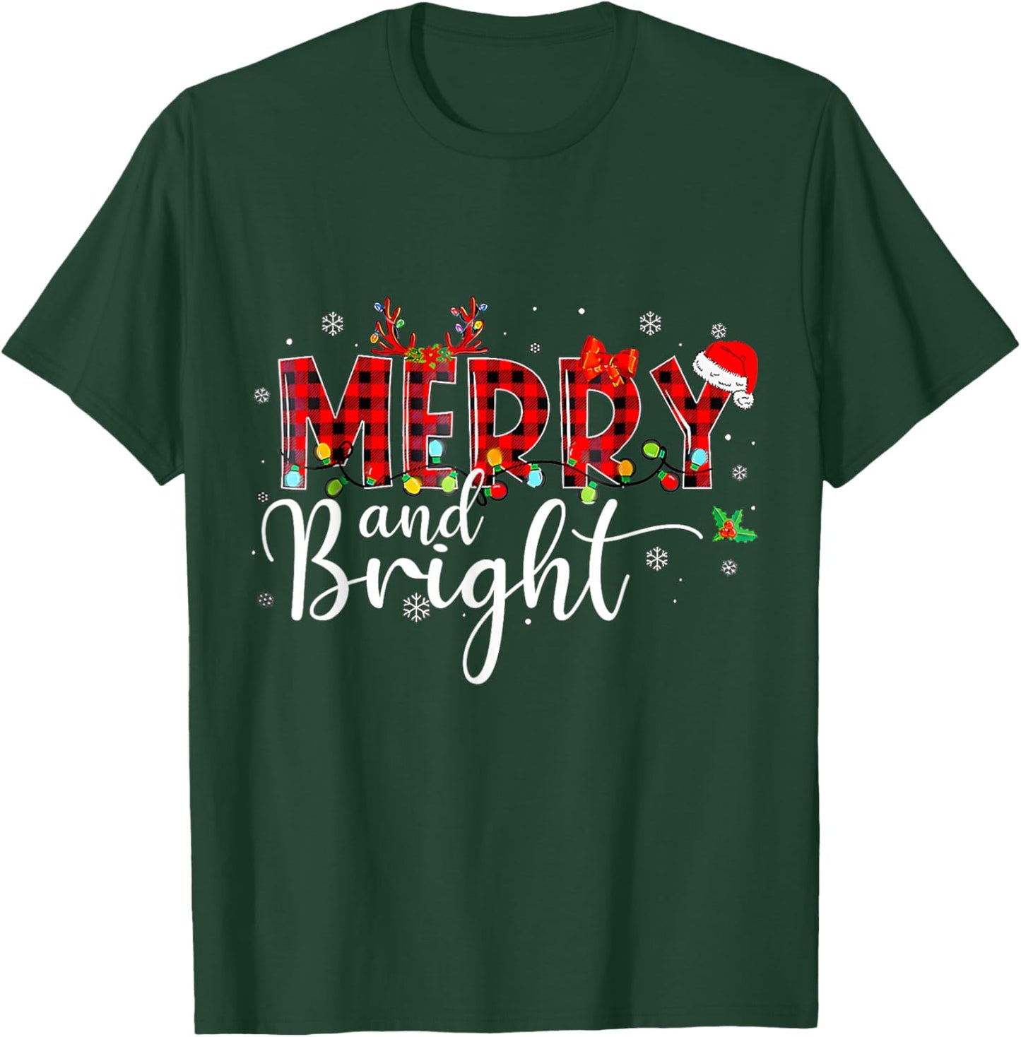 Merry and Bright Buffalo Plaid Red Santa Hat Xmas Pajamas T-Shirt - T-Shirt | Forest