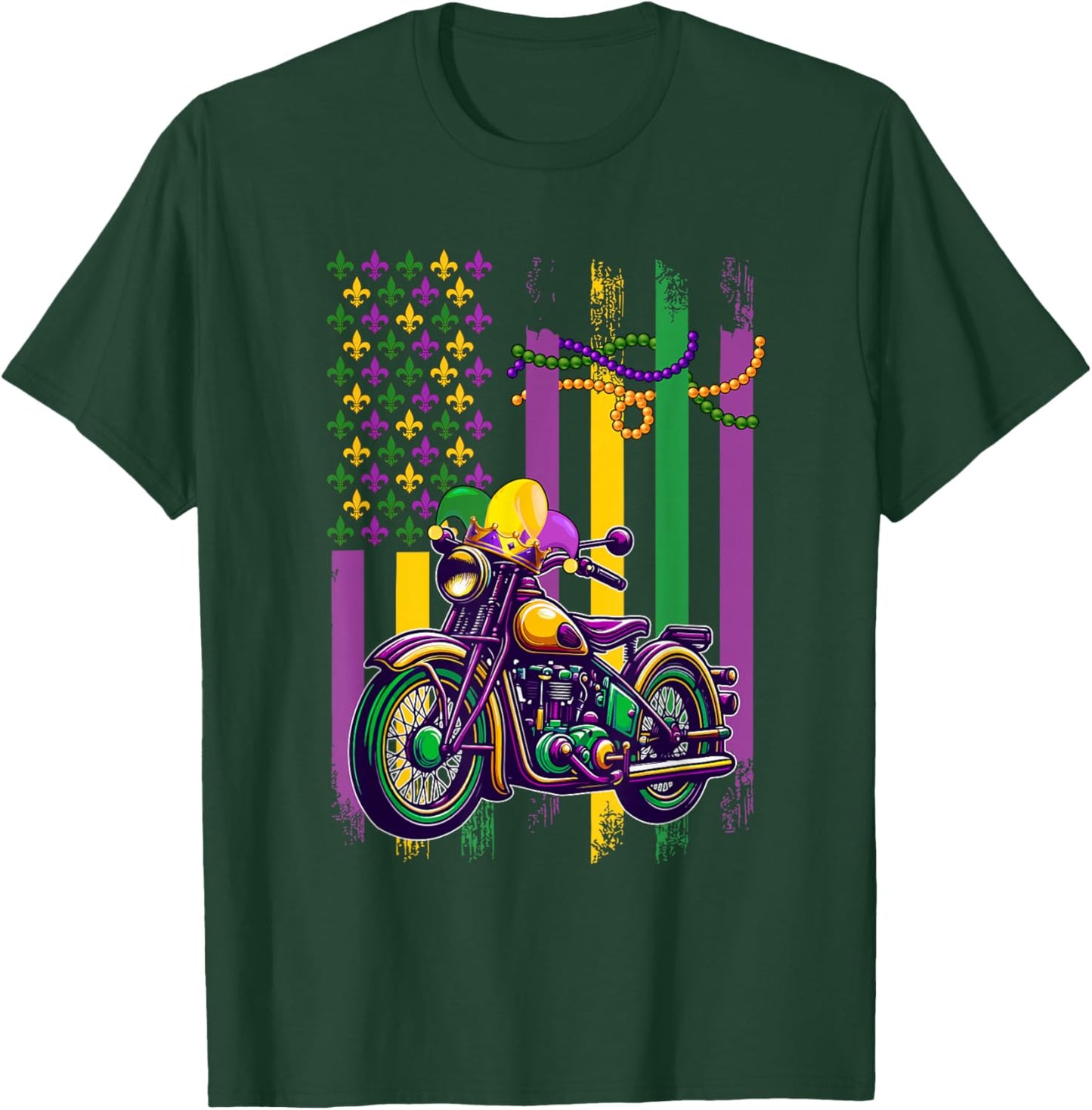 American Flag Mardi Gras Motorcycle Wearing Jester Hat Beads T-Shirt - T-Shirt | Forest