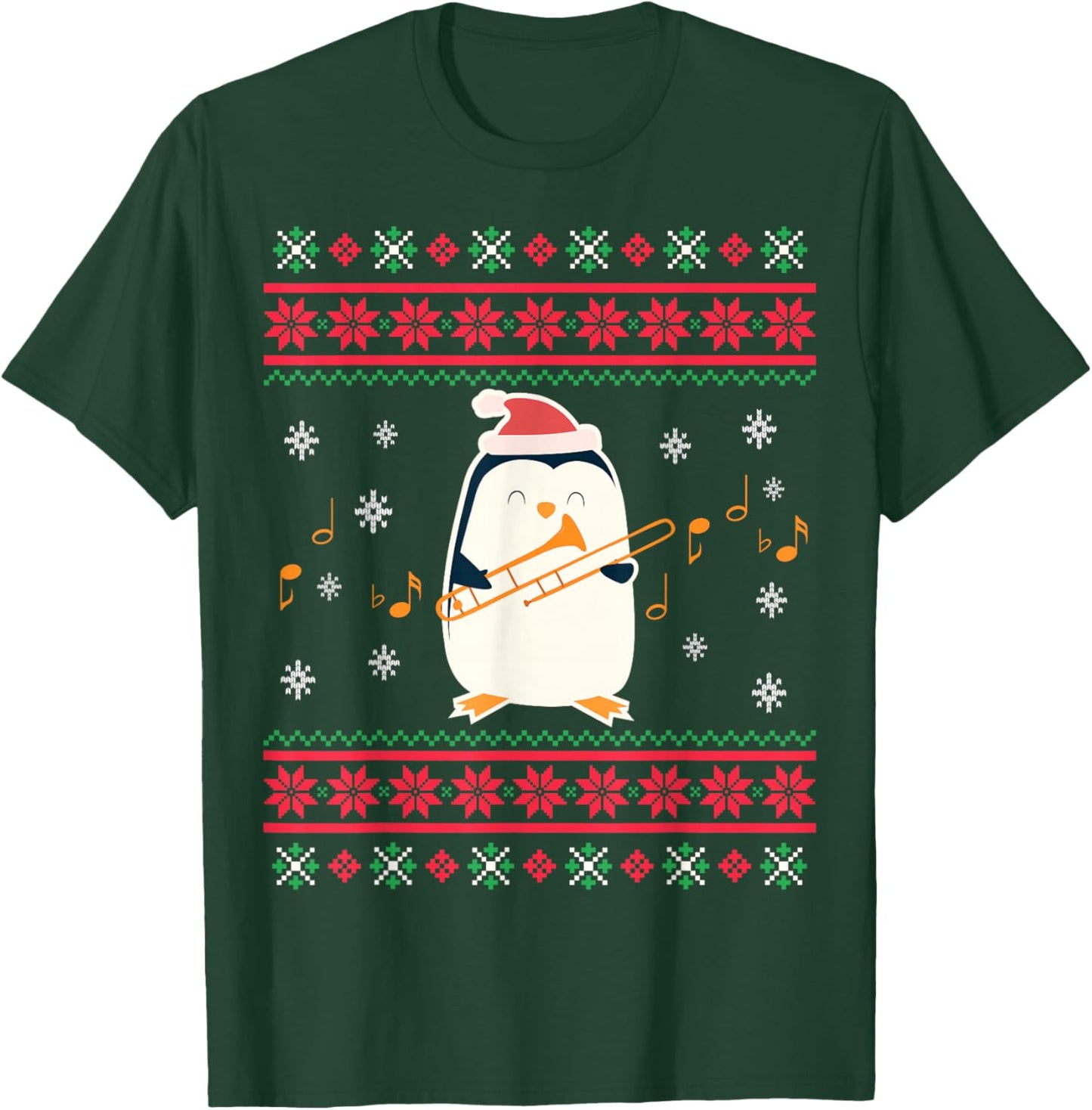 Santa Hat Penguin Playing Trombone Ugly Christmas Trombonist T-Shirt - T-Shirt | Forest
