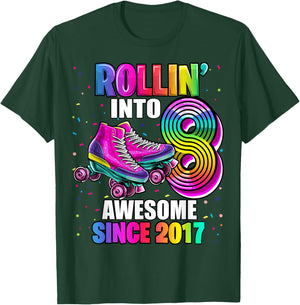 Birthday Roller Skating 8th Girls Rollin into 8 Skate Party T-Shirt - T-Shirt | Forest