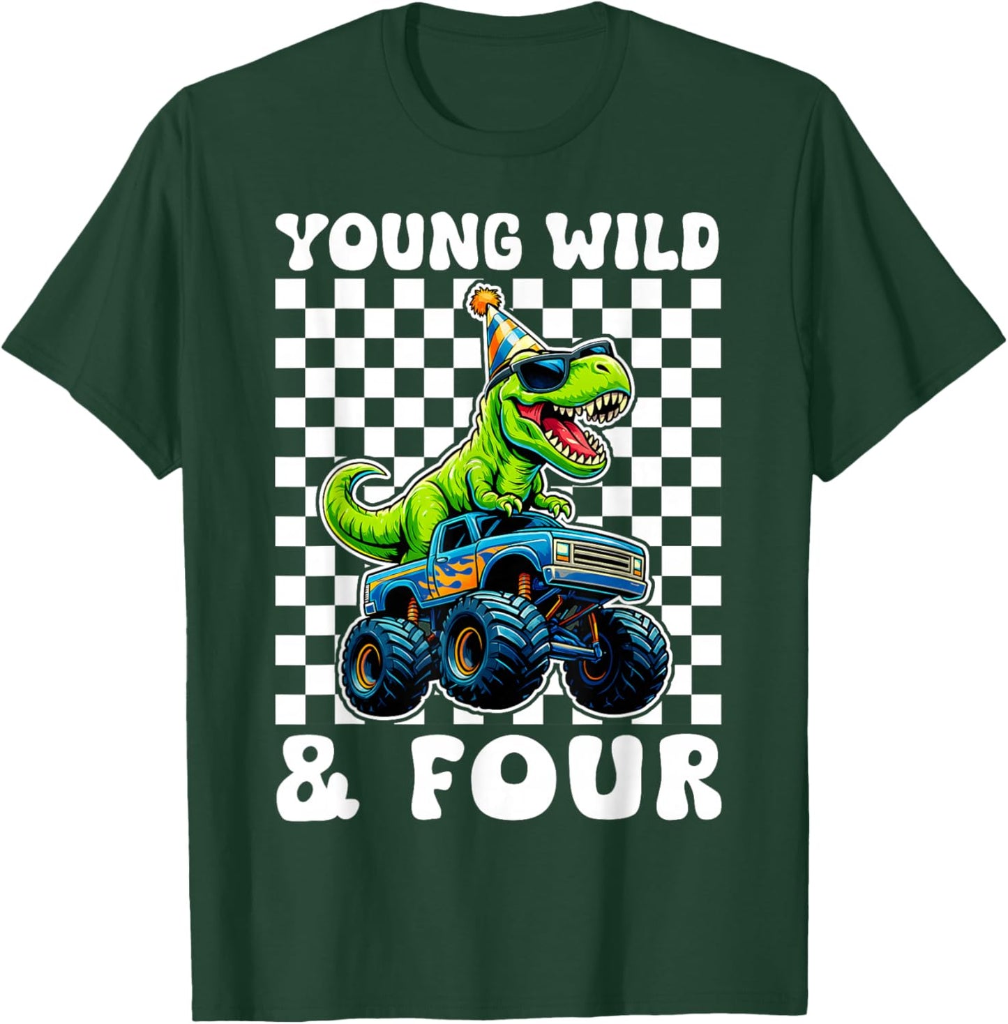 Young Wild & Four T-Rex Dino Monster Truck 4th Birthday T-Shirt - T-Shirt | Forest