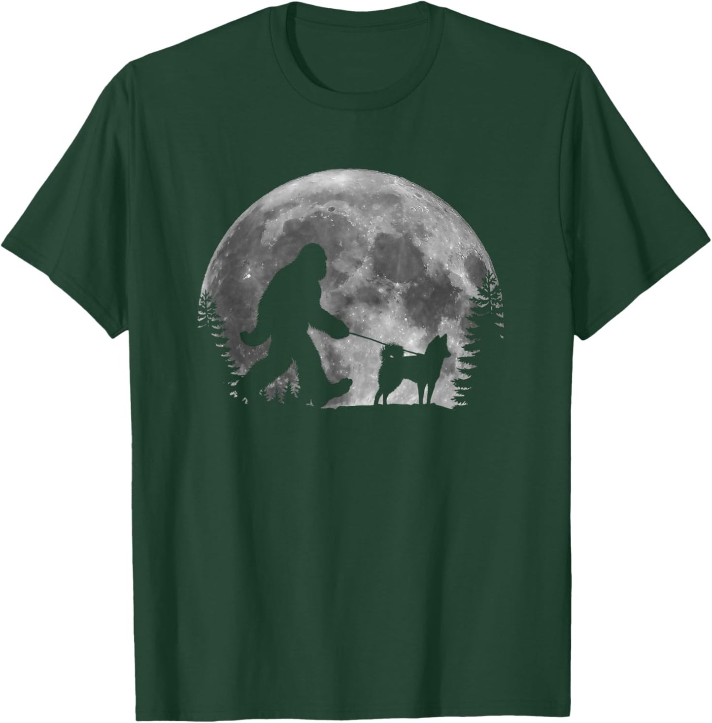 Bigfoot Walking a Dog Funny Alaskan Klee Kai Moon Halloween T-Shirt - T-Shirt | Forest