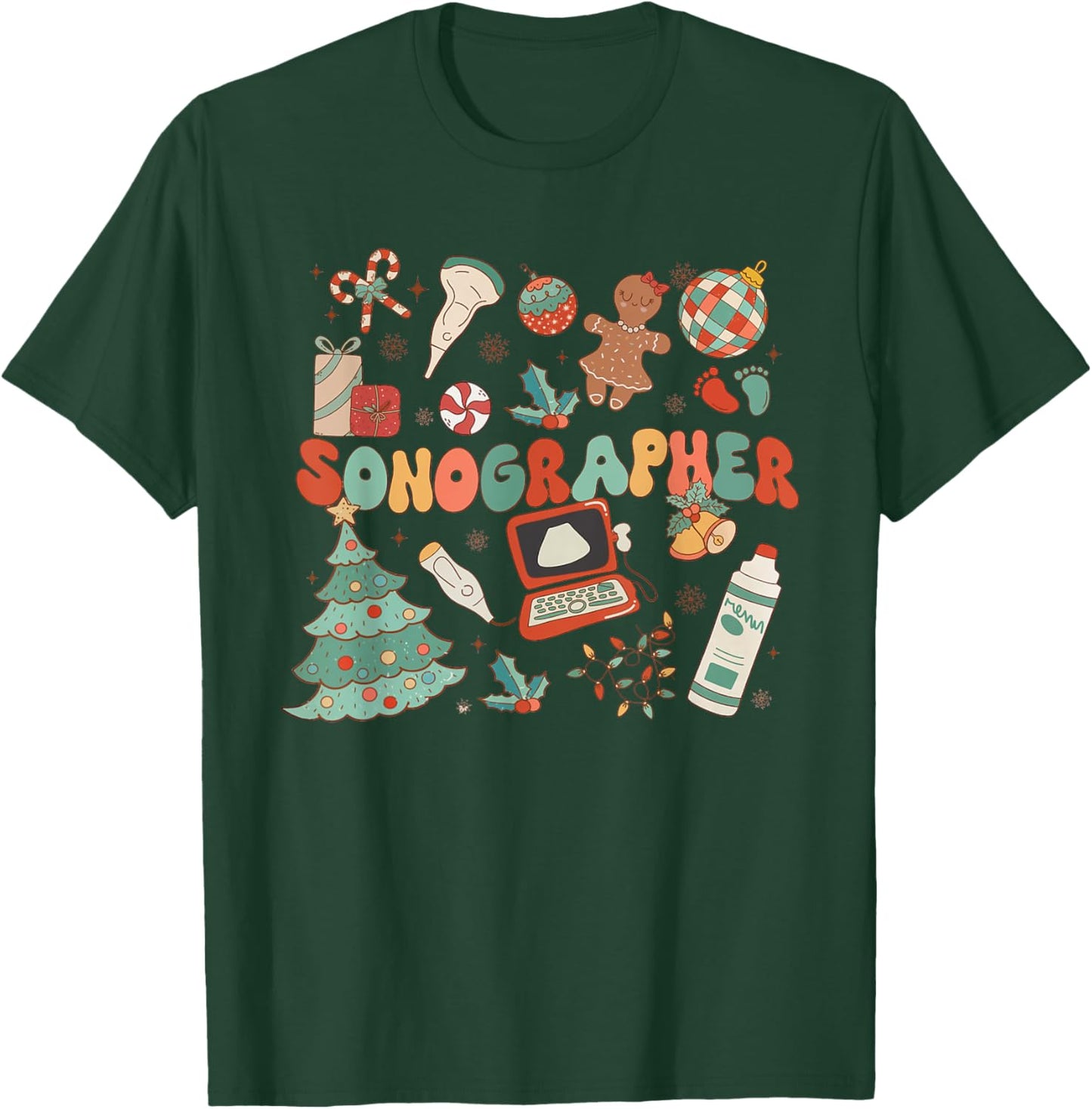 Groovy Retro Sonographer Christmas Ultrasound Tech Cardiac T-Shirt - T-Shirt | Forest